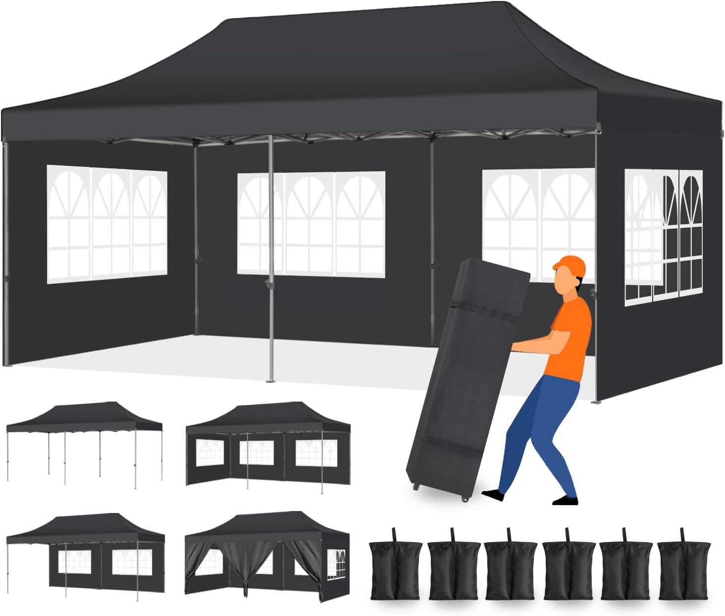 COBIZI Canopy Tent 10X20 Pop up Hollow Tent with 6 Removable Side Walls,Outdoor Event Party Canopy,Instant Portable,Suitable for Parties,Weddings,Camping and Beaches,with Wheeled Bag,Black