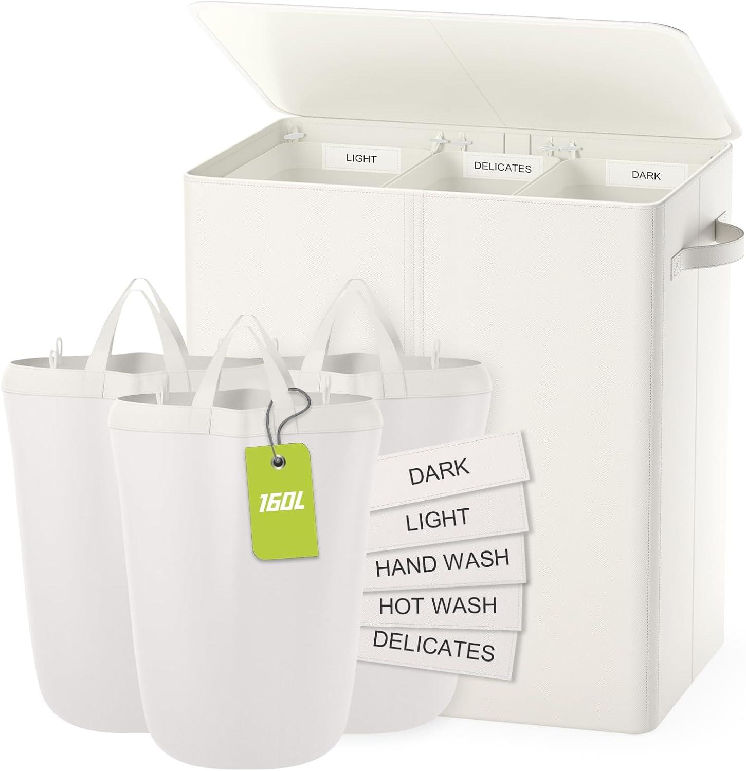 Latitude Run® 160L Laundry Hamper 3 Section, Dirty Clothes Hamper With Lid