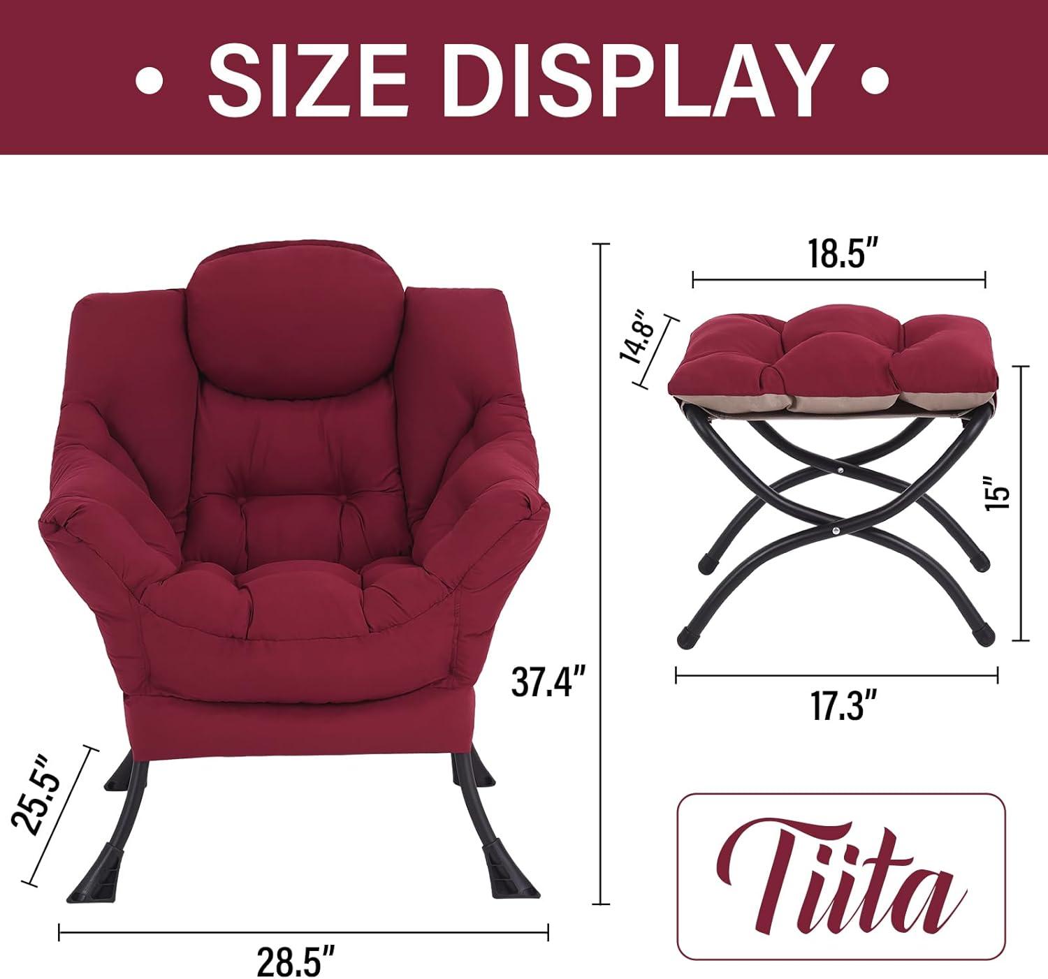 Burgundy Velvet Accent Chair with Ottoman and Metal Frame