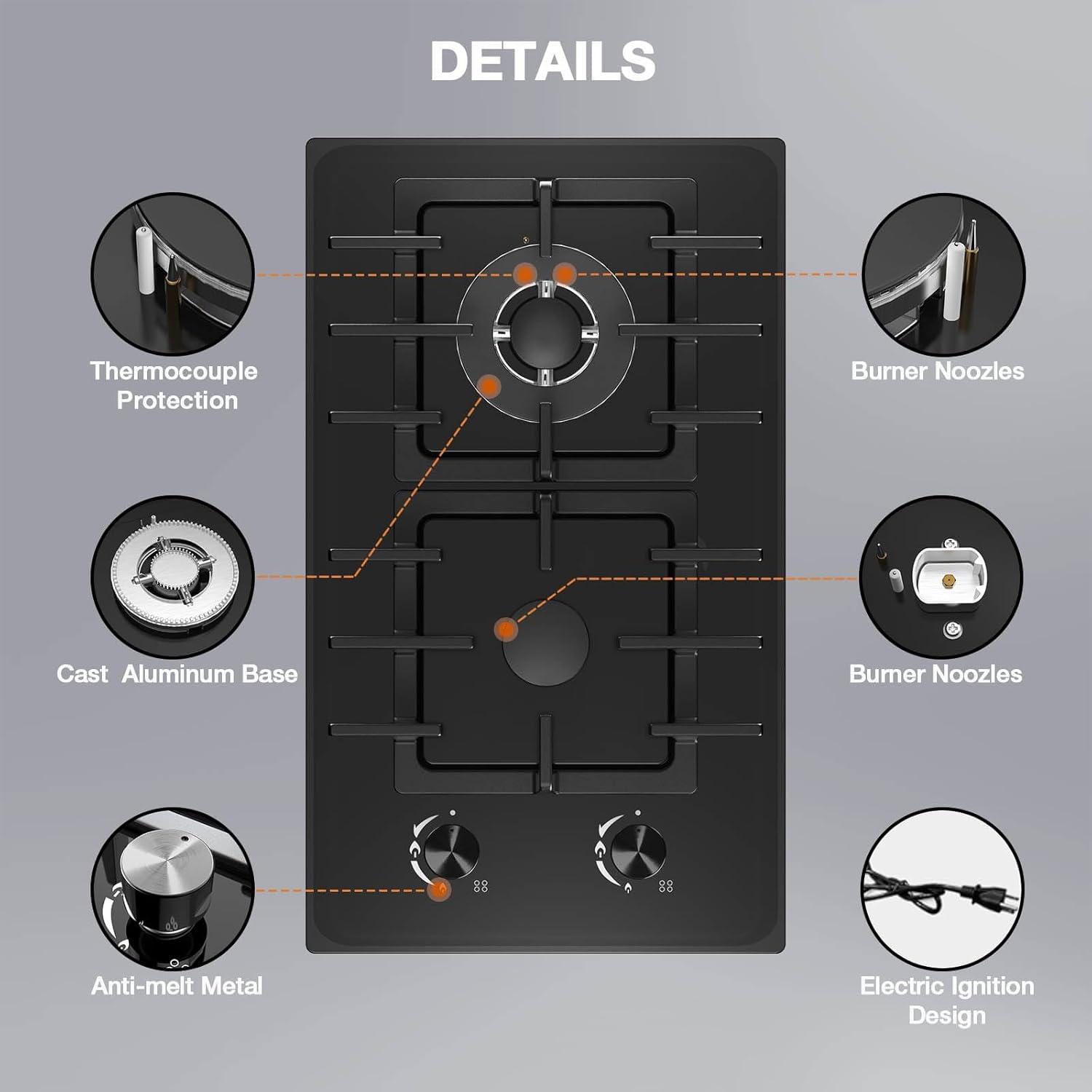 Stainless Steel 2 Burner Propane Gas Cooktop with Ceramic Surface