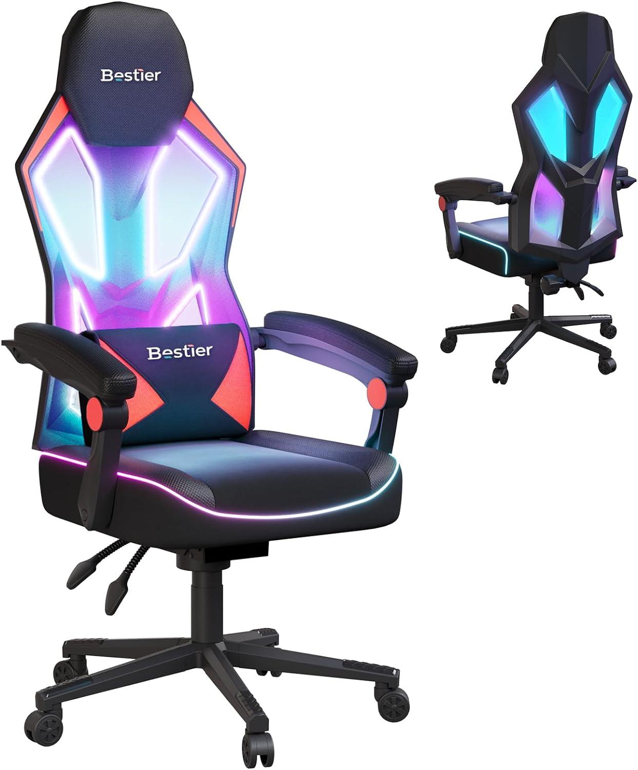 Bestier Black Red LED Gaming Chair with Breathable Fabric