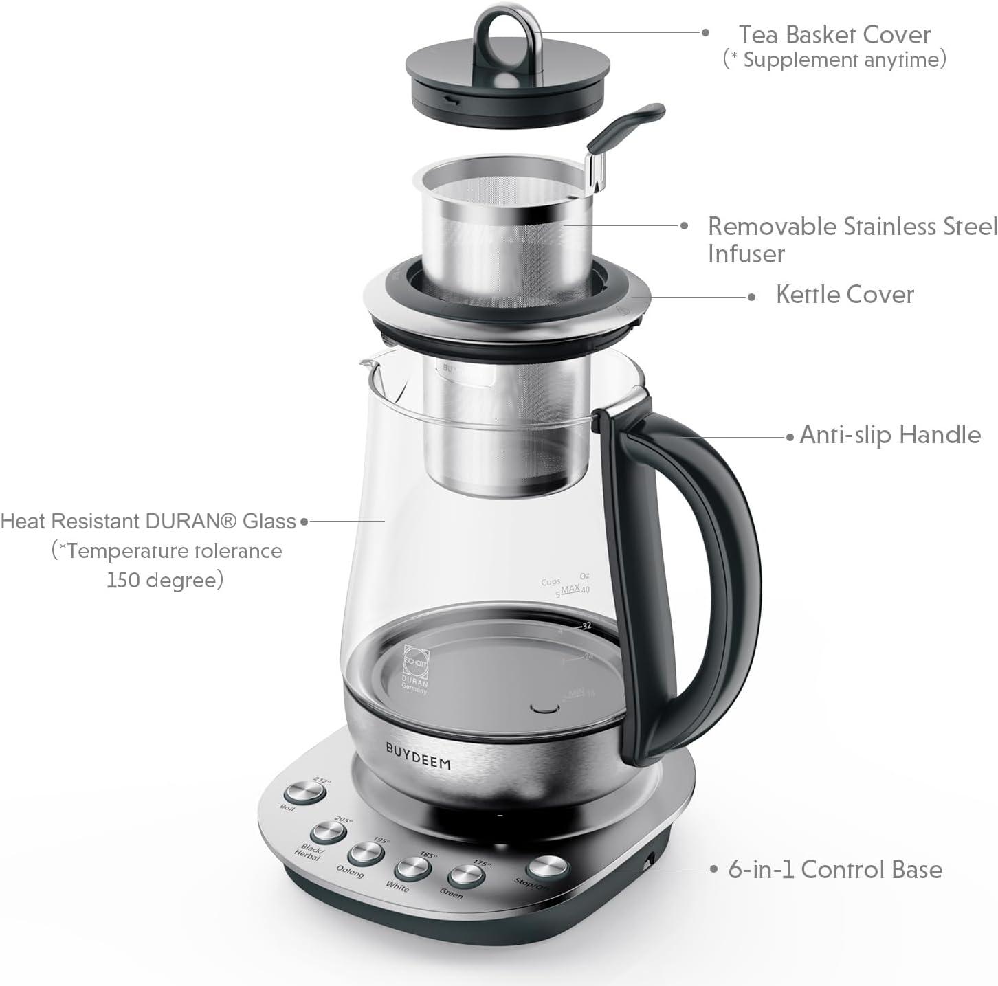 BUYDEEM Electric Tea Maker with Removable Infuser, Stainless Steel & German Schott Glass Kettle, Auto Keep Warm, 1.2L