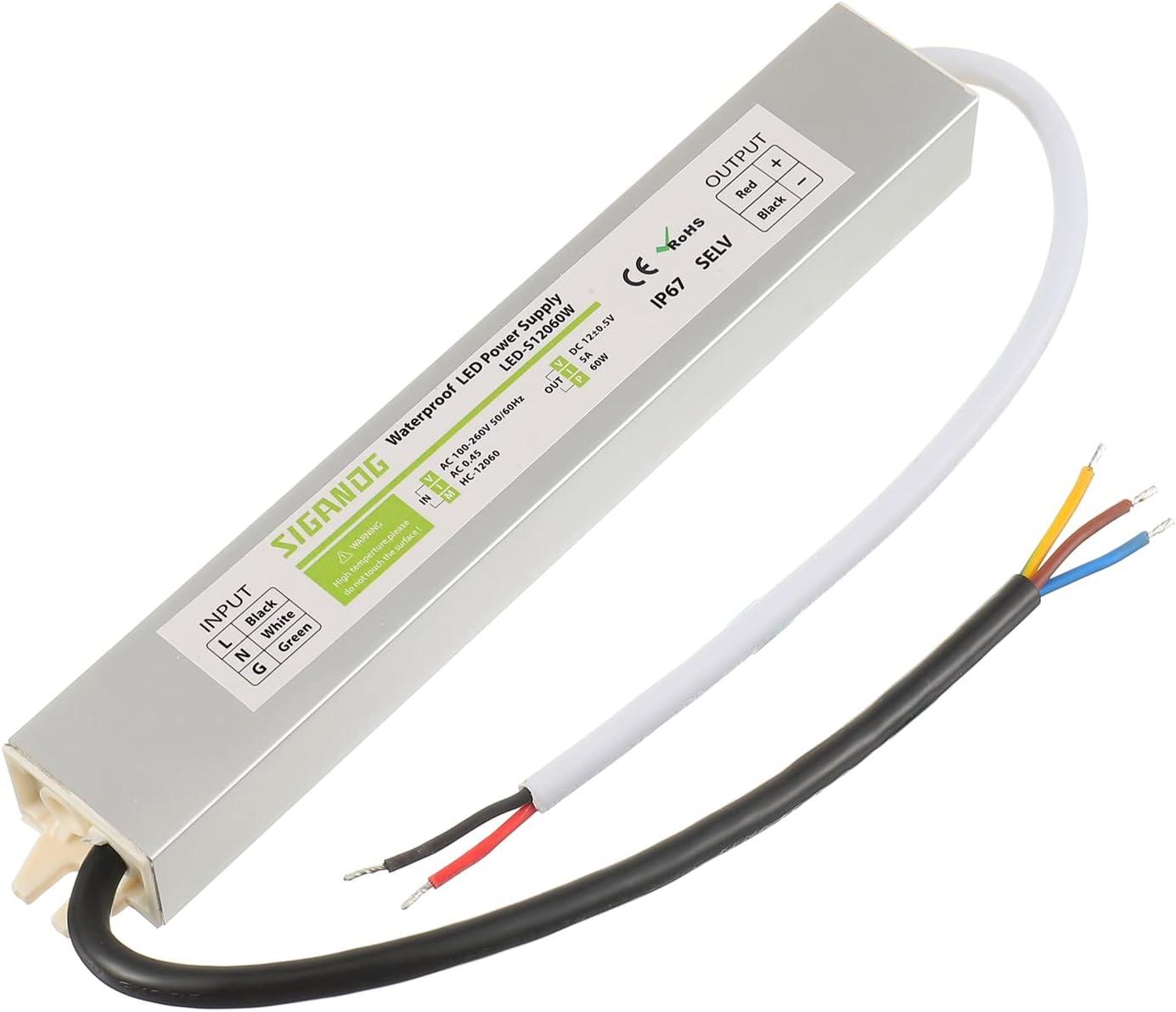 60W Watts LED Driver Power Supply Transformer Adapter Waterproof IP67 100V-260V AC to 12V DC Low Voltage Output for LED Light Outdoor Light 12V DC Led Lights Computer Project