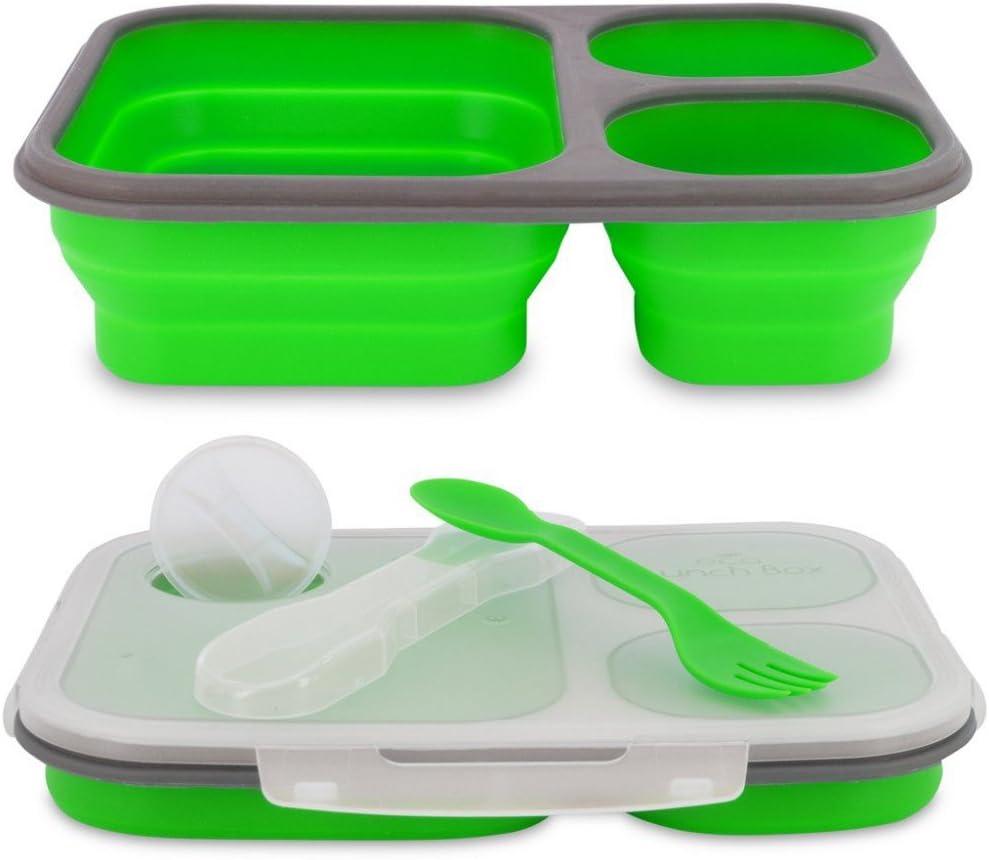 Green Silicone Collapsible 3-Compartment Lunch Box with Spork