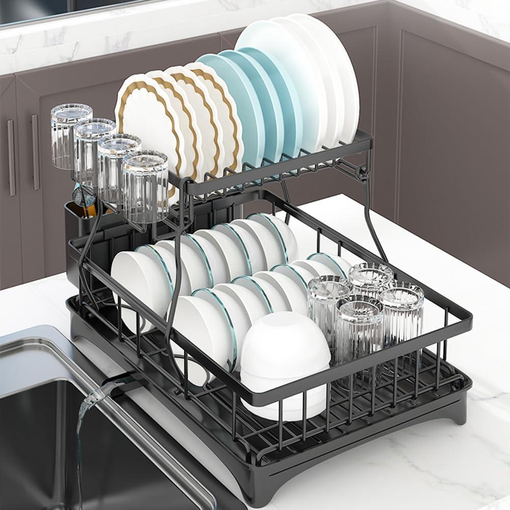 2-Tier Drying Dish Rack and Drain Board Set Utensil Holder Metal Kitchen Counter