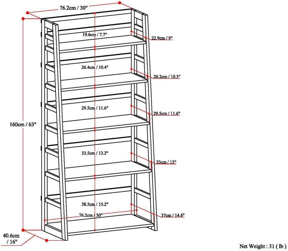 Simpli Home Acadian 30"W Solid Wood 5 Shelf Ladder Bookcase with Open Shelves