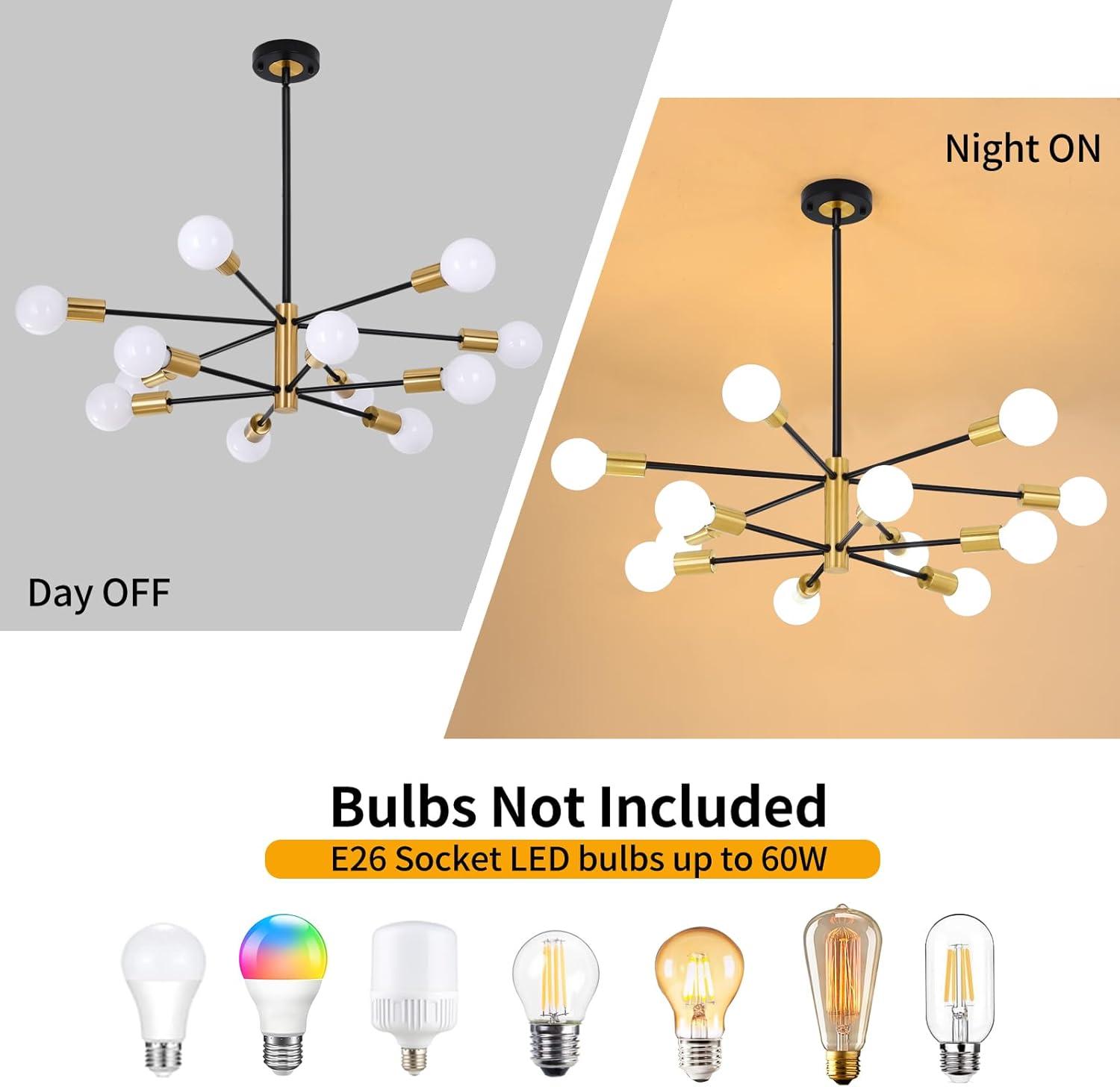 Kaisite  12-Light Modern Sputnik Chandeliers Black & Gold Ceiling Light Fixtures for Dining Room Living Room Bedroom