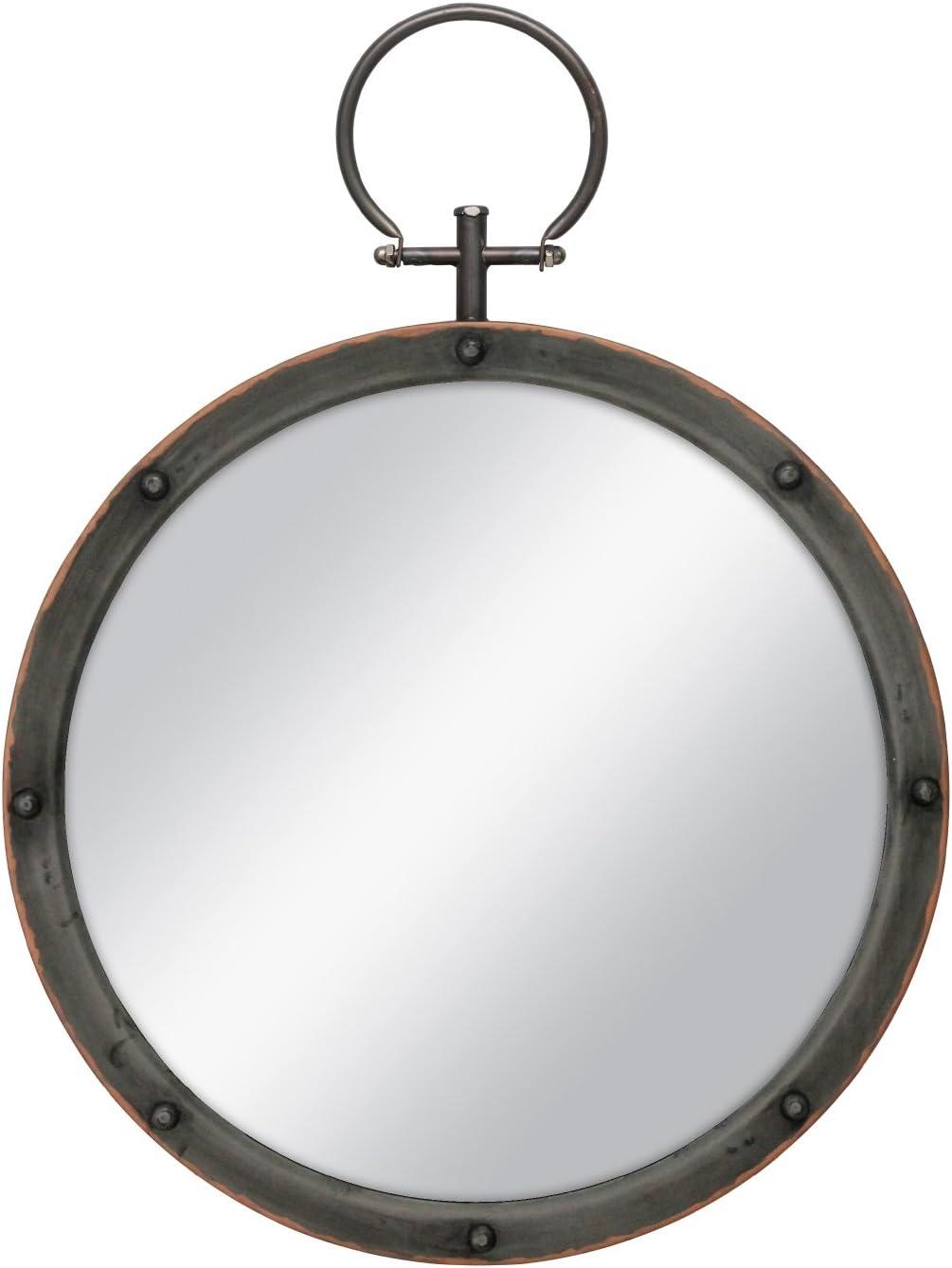 Rustic Bronze Round Wall Mirror with Rivet Detail and Hanging Loop