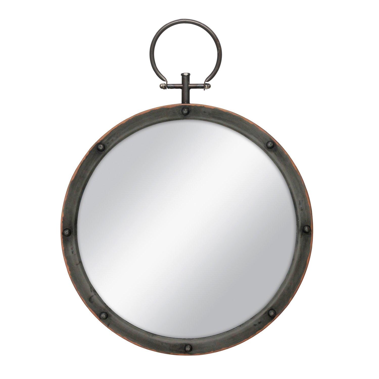 Rustic Bronze Round Wall Mirror with Rivet Detail and Hanging Loop