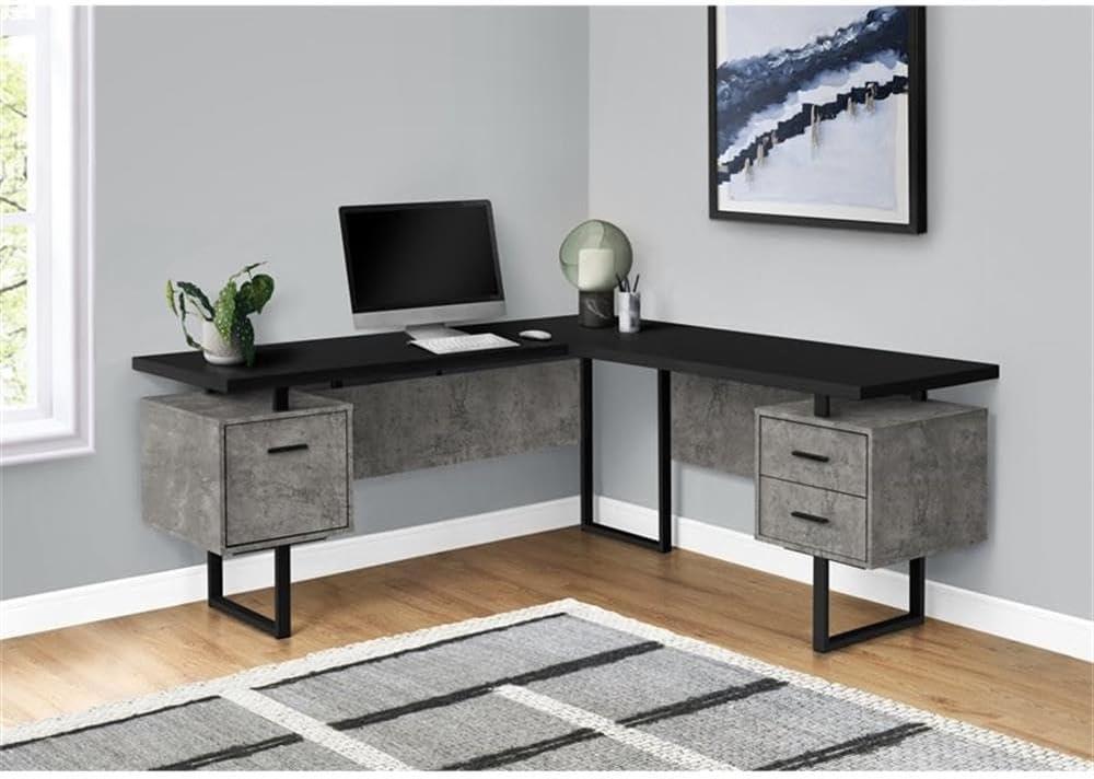 Monarch Specialties Computer Desk Home Office Corner Left Right Set-Up Storage Drawers  L Shape  Metal Laminate Grey Black Contemporary Modern