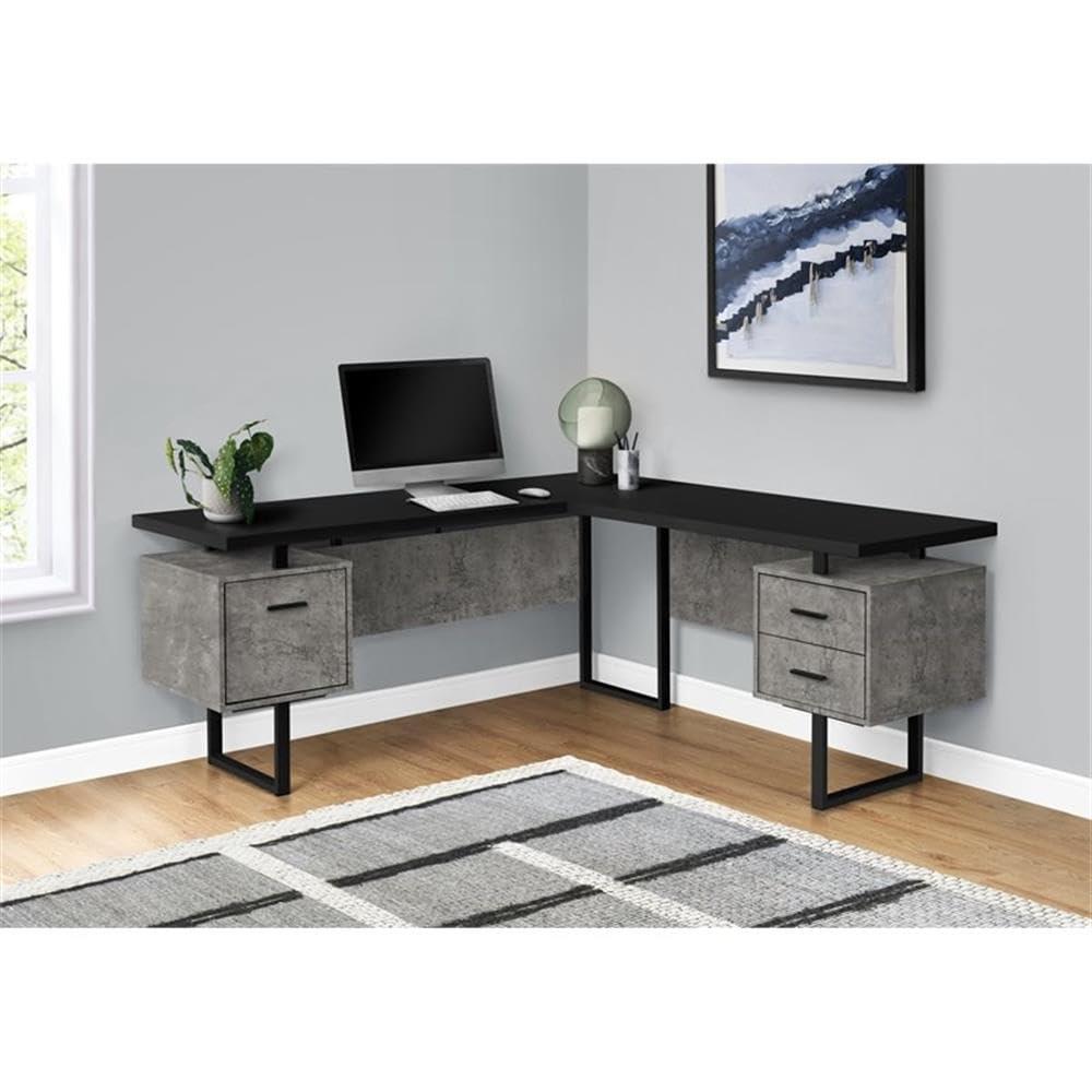 Monarch Specialties Computer Desk Home Office Corner Left Right Set-Up Storage Drawers  L Shape  Metal Laminate Grey Black Contemporary Modern