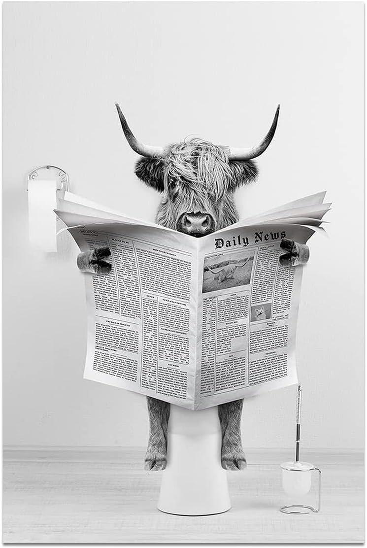 Modern Black Framed Highland Cow Wall Art Minimalist Bathroom Wall Decor Cute Funny Animals Artwork Canvas Prints Ready to Hang for Guest Bathroom, Hotel, Condo, Kids Bathroom, 12”x16”