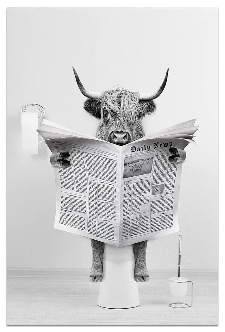 Modern Black Framed Highland Cow Wall Art Minimalist Bathroom Wall Decor Cute Funny Animals Artwork Canvas Prints Ready to Hang for Guest Bathroom, Hotel, Condo, Kids Bathroom, 12”x16”