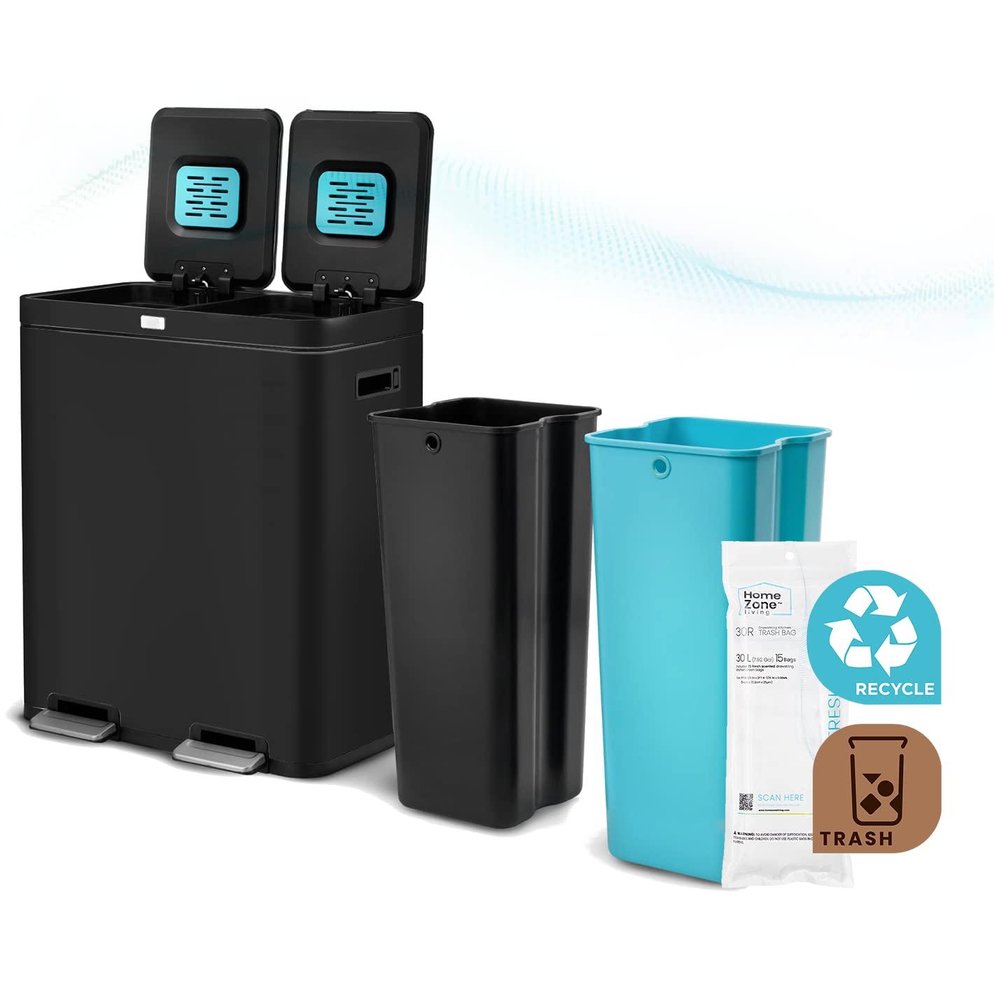 Home Zone Living Home Zone Living 16 Gallon Stainless Steel Dual Trash and Recycling Can with CleanAura Odor Control and Soft-Close Lids