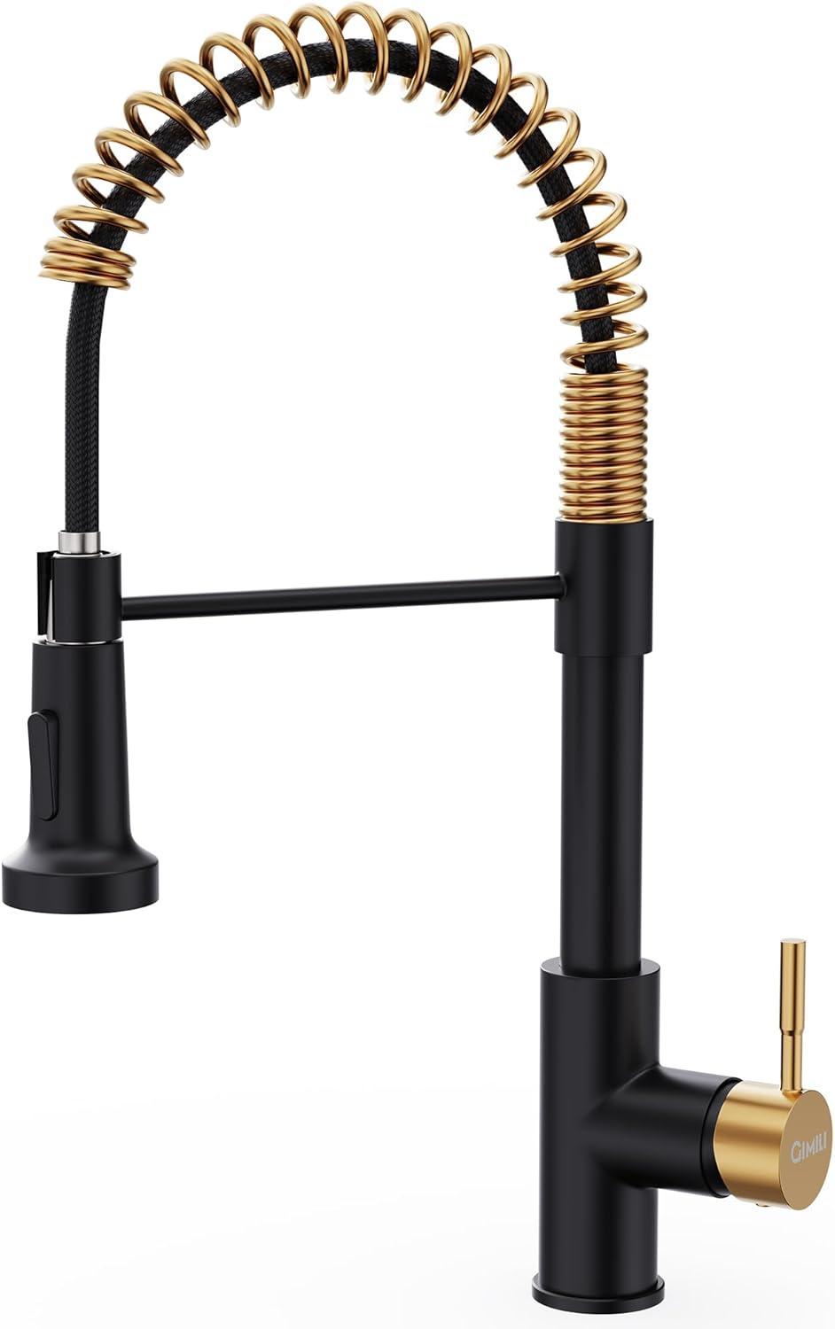 Matte Black and Gold Kitchen Faucet with Pull Down Sprayer