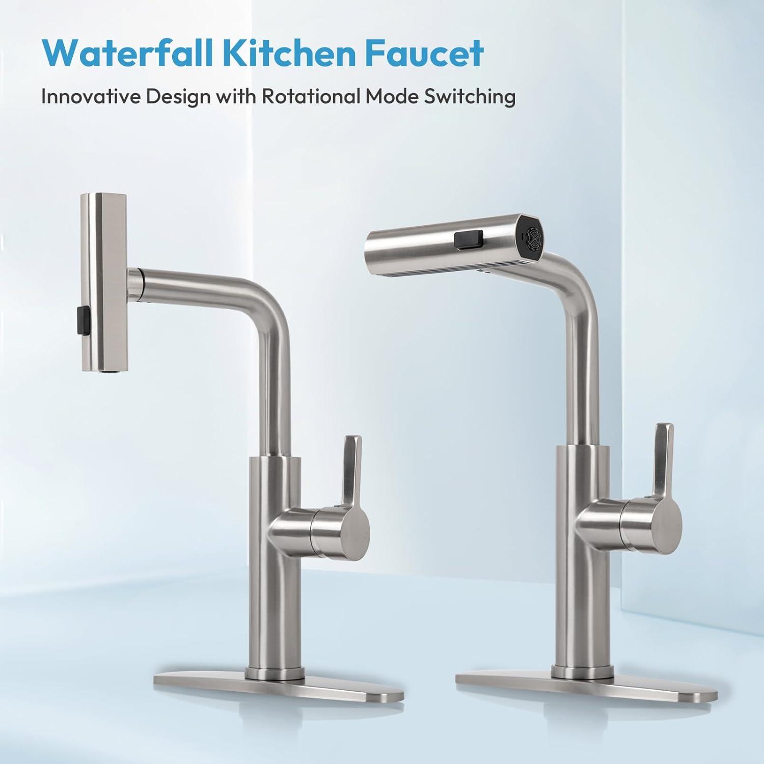 Brushed Nickel Stainless Steel Pull Down Kitchen Faucet with 3-Mode Sprayer