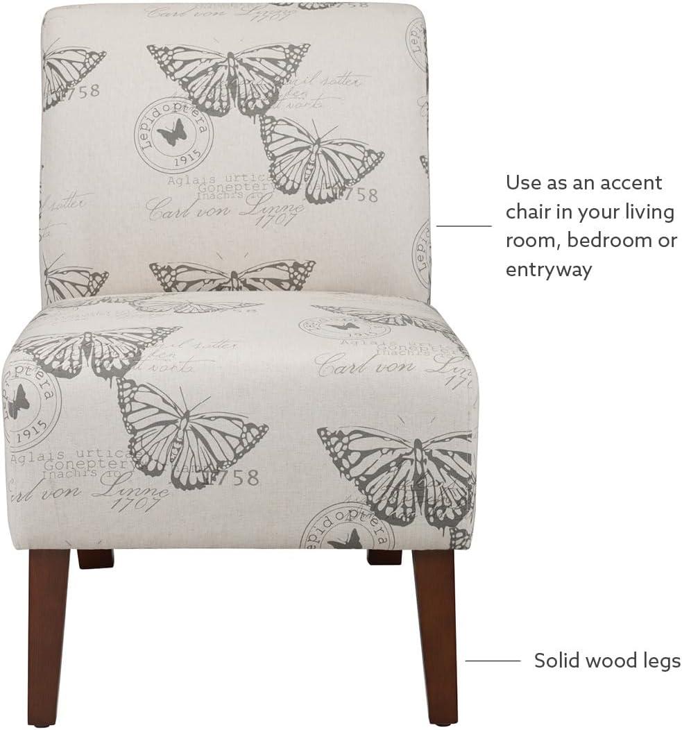 Gray Butterfly Print Linen Slipper Chair with Wood Legs