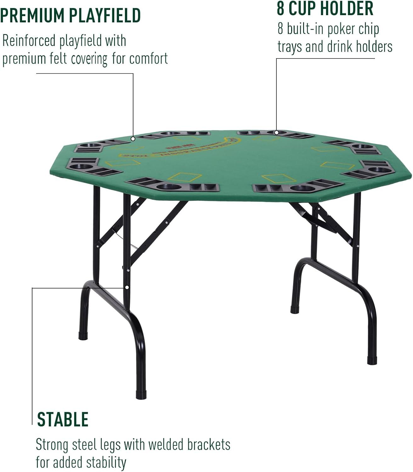 Soozier 47.25" 8 Player Folding Octagon Poker Table for Blackjack Poker Game with Cup Holders, Green