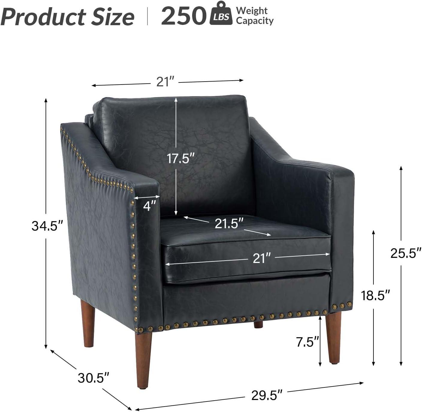 Navy Faux Leather Armchair with Nailhead Trim and Wooden Legs