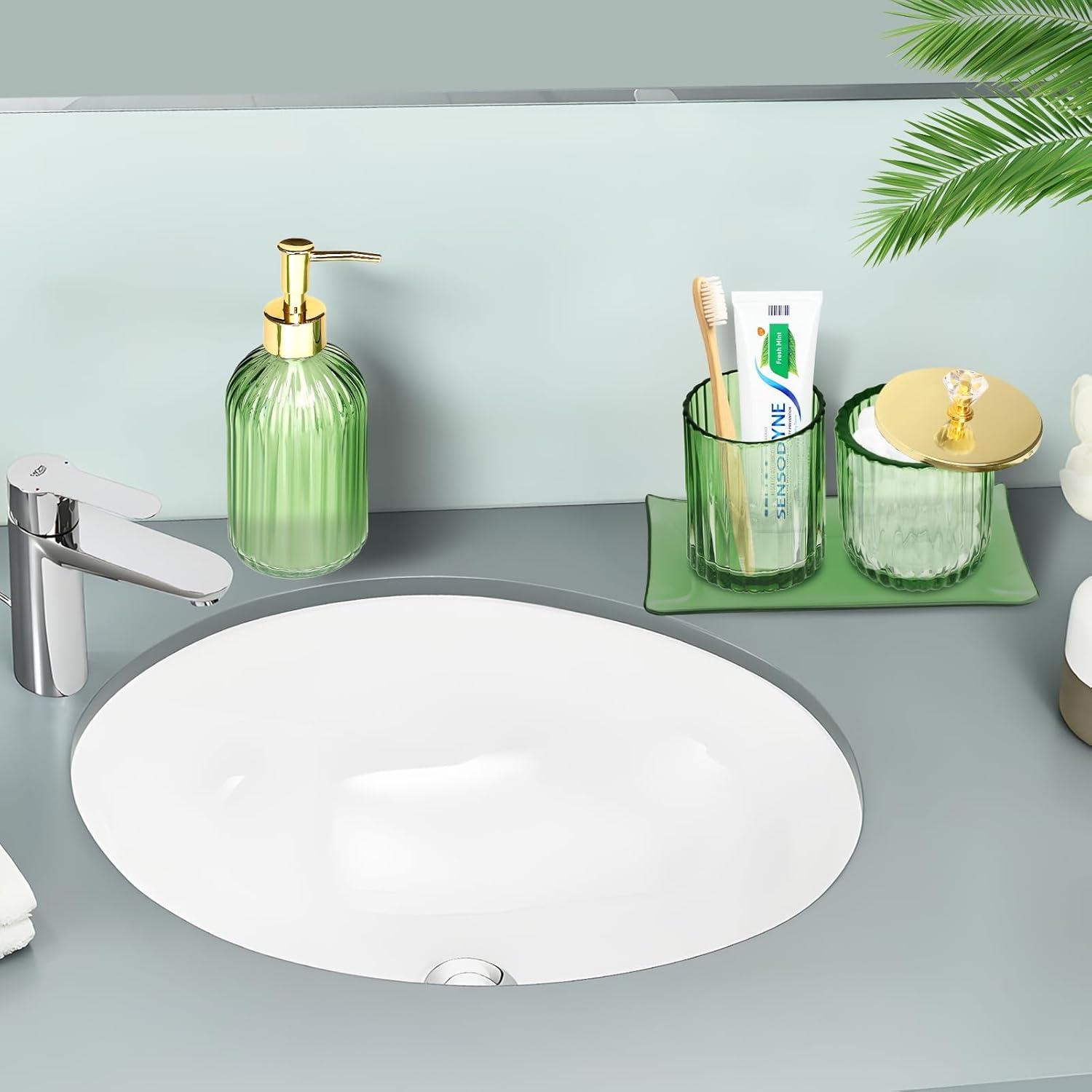 Green Glass Bathroom Accessories Set with Gold Accents, 4 Pieces