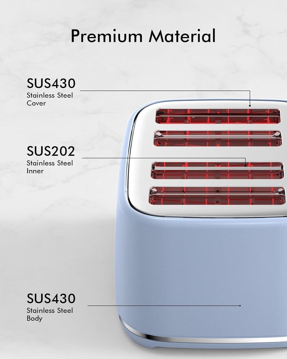 4 Slice Toaster, Extra Wide Slots, Longdeem Retro Stainless Steel Toasters, 6 Browning Options, Auto Shut Off & Frozen Function, Toast Fruit Bread, Bagel & Waffle