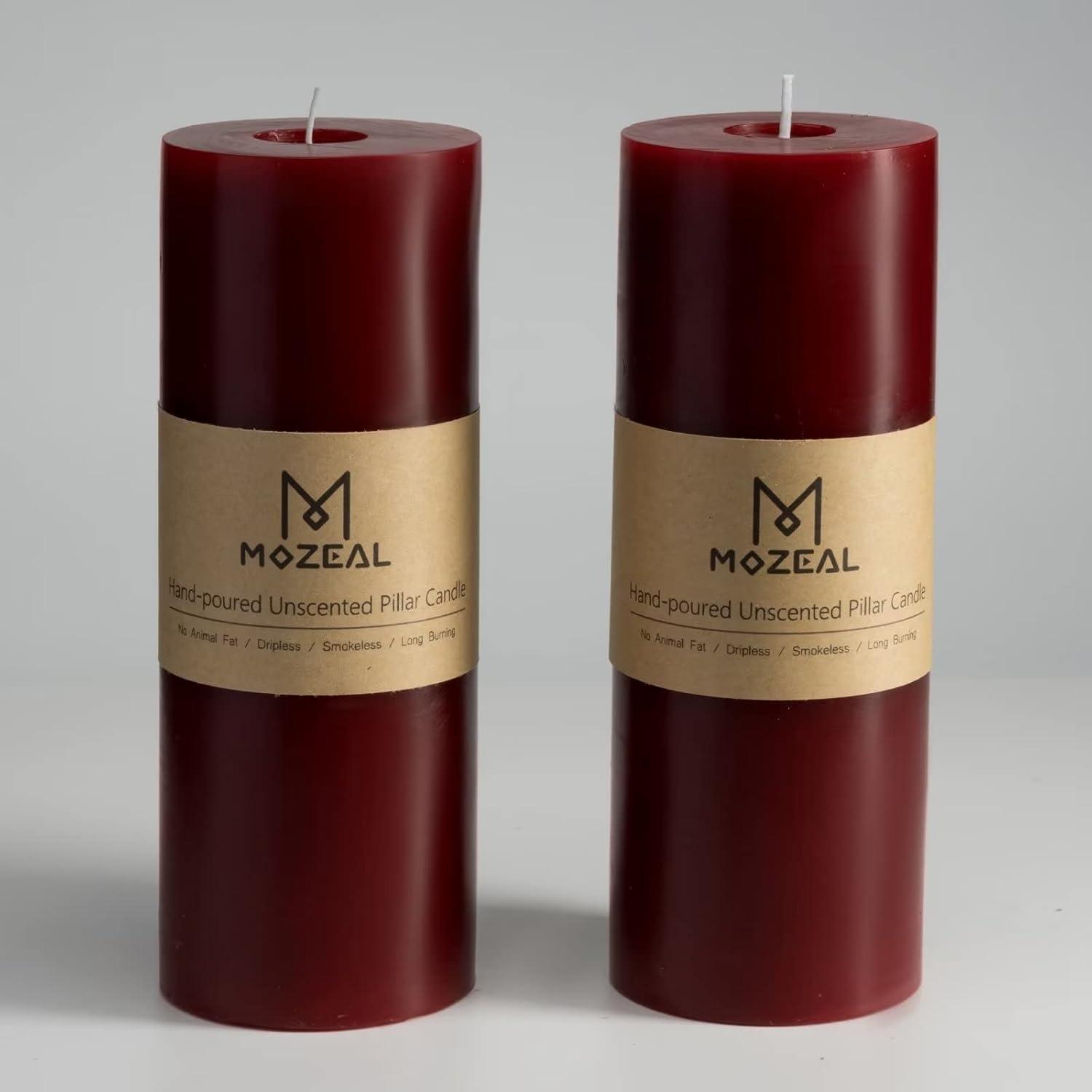 MOZEAL 3" x 8" Hand-Poured Unscented Large Candle,Smokeless Rustic Pillar Candle Set of 2,Slow Burn,No Drip,Approx 150 Hours Burning,Wedding,Dinner,Christmas and Home Decorative,Tall Dark Red Candle