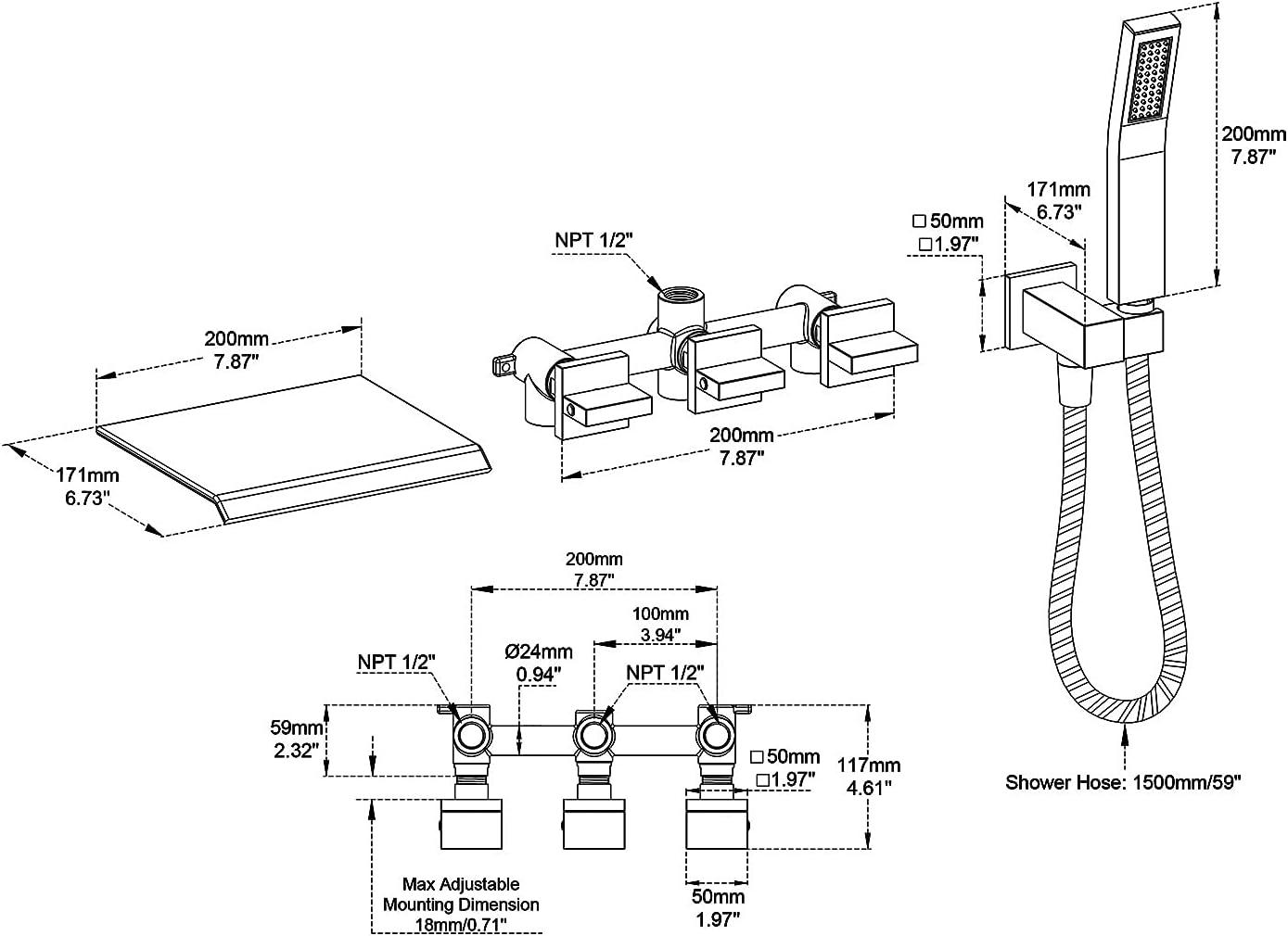 Oil Rubbed Bronze Wall Mount Tub Faucet with Hand Shower