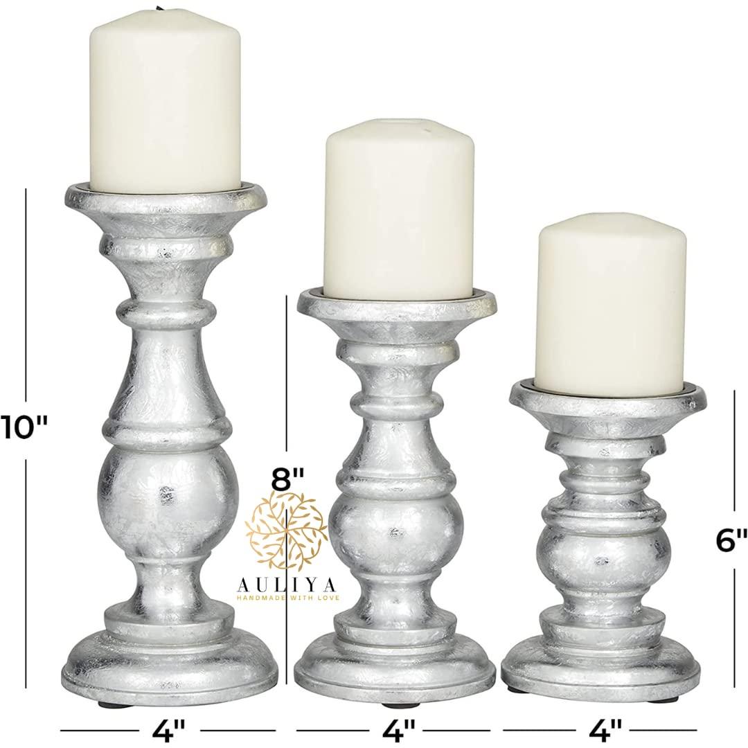 AULIYA Wooden Candle Holders Pillar Candles Holder Rustic Wood Stand Decorative Polish Candlestick Set of 3 for Home Decor - 6" 8" 10" Silver