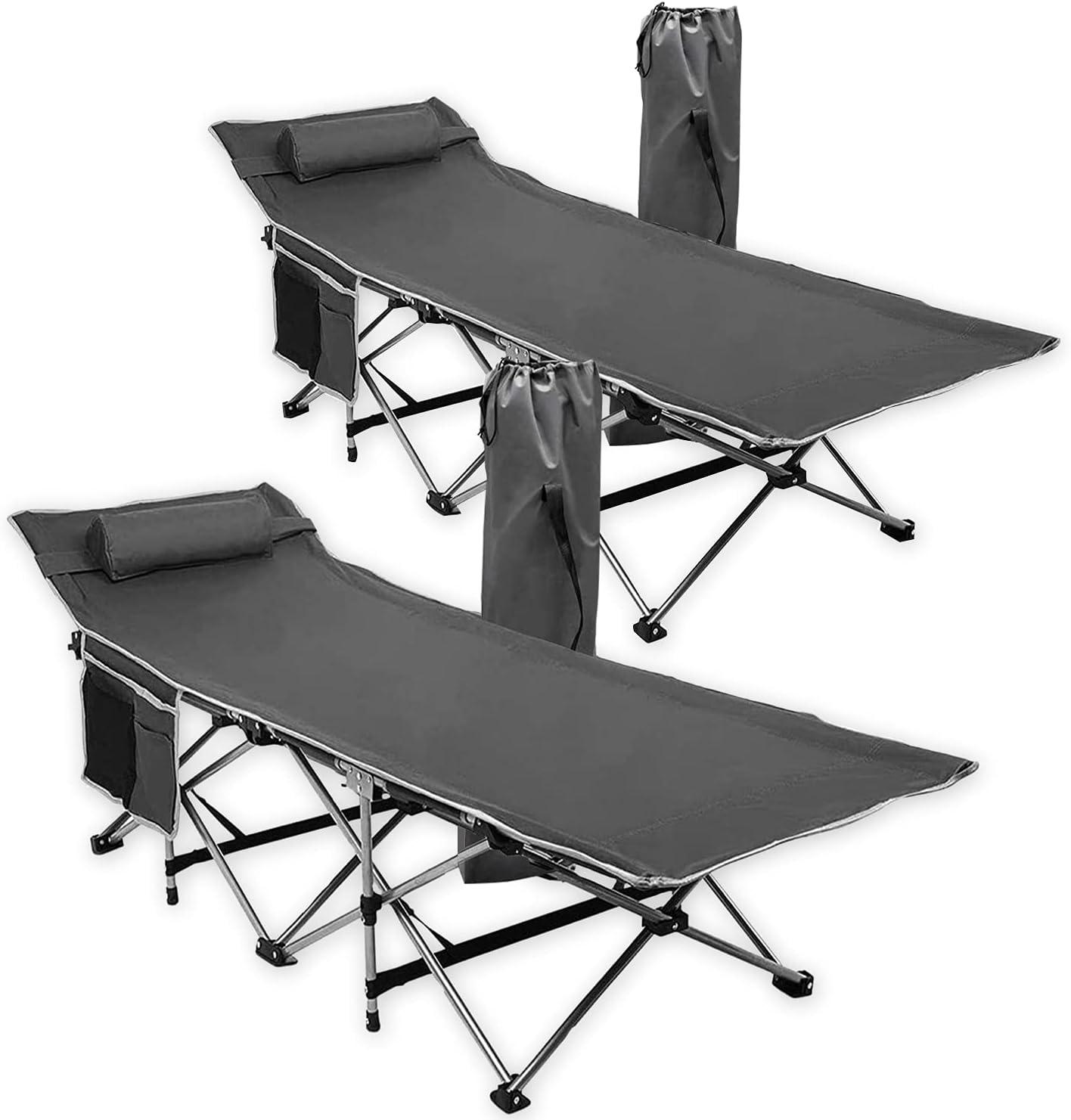 Zone Tech Folding Outdoor Travel Cot - 2 Pack Grey Portable Heavy Duty Adult and Kids Travel Cot with Large Pocket-Perfect for Hiking, Camping