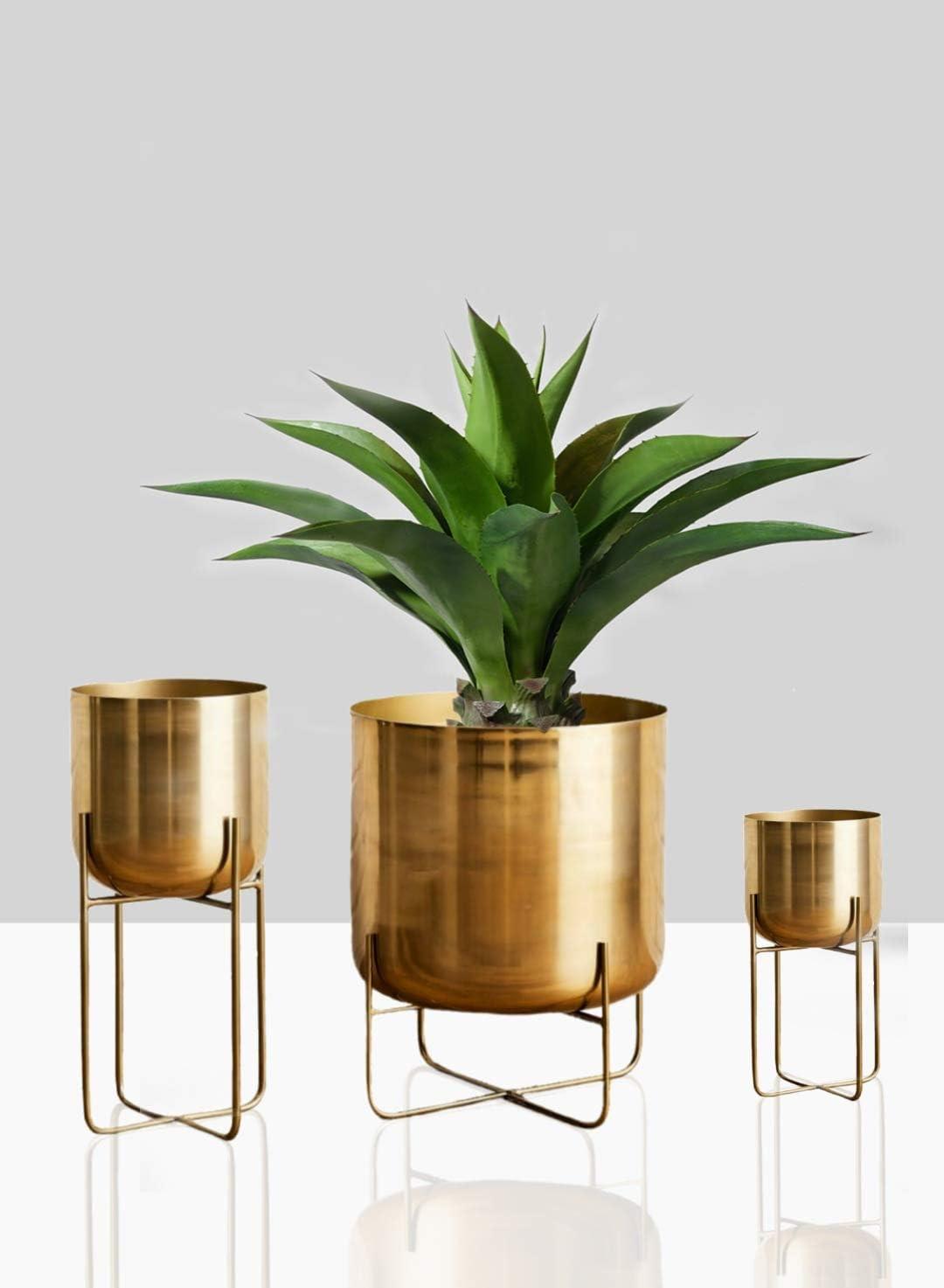 Serene Spaces Living Tall Gold Planter with Detachable Metal Stand - Modern Mid Century Decorative Indoor Plant Pot - Large Floor Planter for Living Room, Kitchen, Office - 24" H x 9.25" Diameter