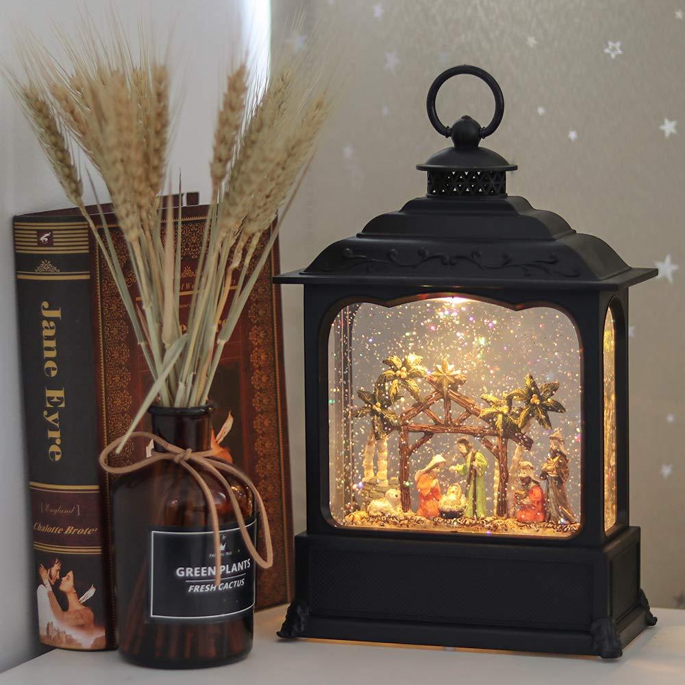 Eldnacele Musical Snow Globe Lantern with Timer, Lighted USB/Battery Operated Swirling Singing Water Glittering Lantern, Snow Globes for Adults and Kids Christmas Decoration - Nativity
