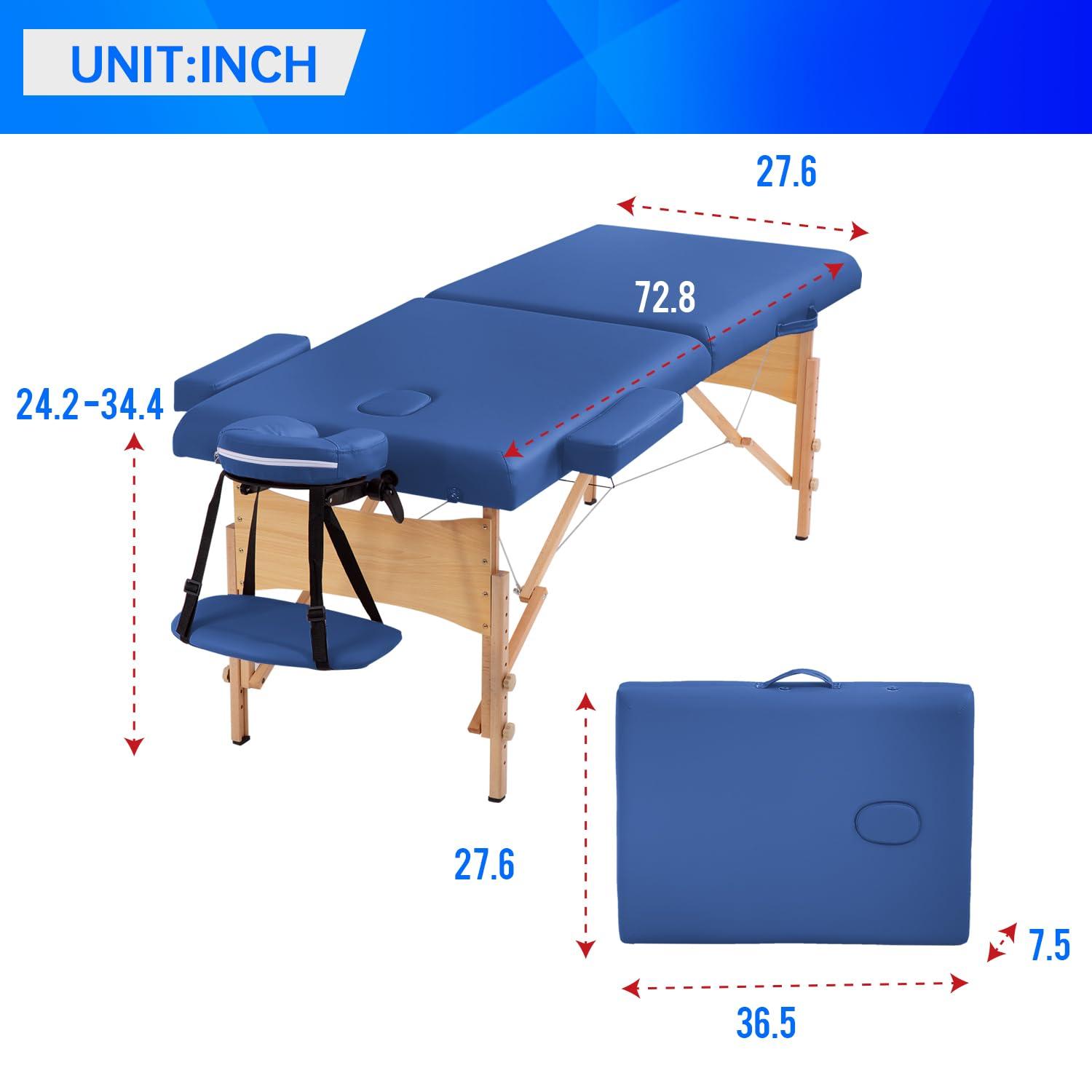 FDW Portable 84 Inches Long 28 Inchs Wide Hight Adjustable Table 2 Folding Massage Spa Facial Cradle Salon Bed W/Carry Case,Blue