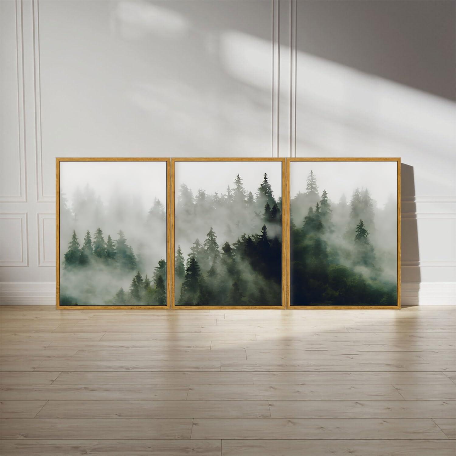 Misty Forest Landscape Green Pine Tree Nature Modern Pictures Framed Canvas 3 Pieces Print Wall Art