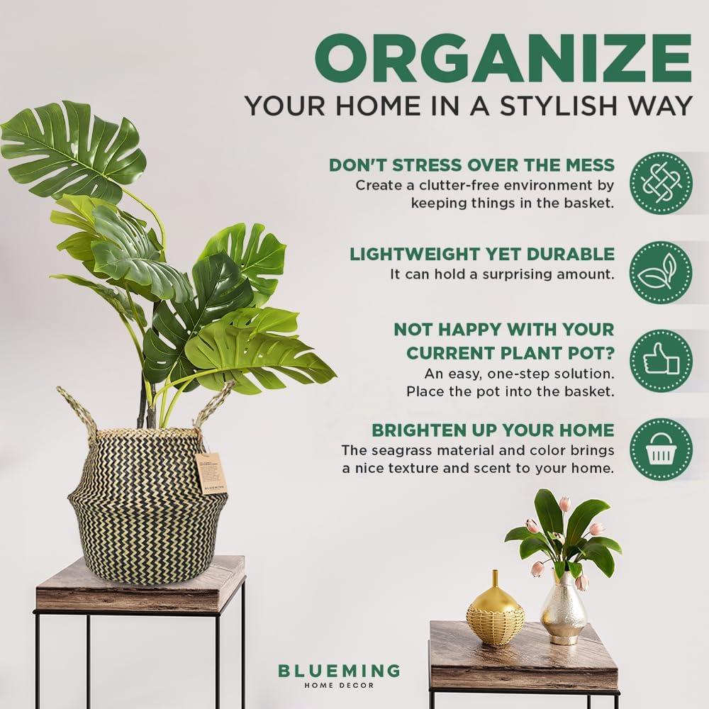 Plant Baskets – Large Seagrass Pot for Tall Indoor Faux Olive Tree, Woven Wicker Rattan Planter for Boho Basket 9-10 Inch (Black, Large)