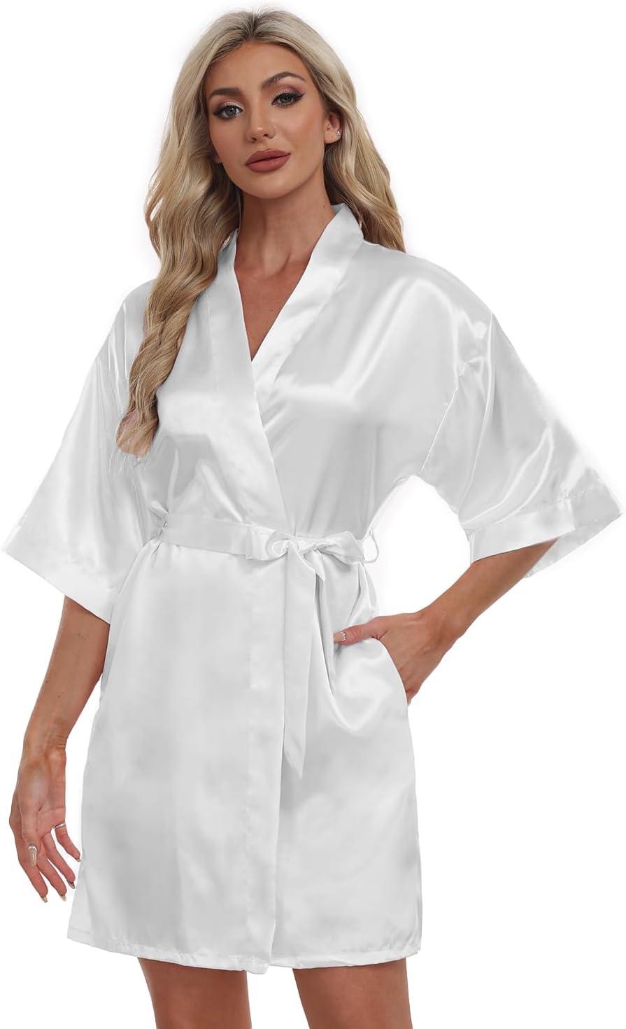 ZZwxWA Batas de Seda para Mujer con Cinturón Dama de Honor Fiesta de Boda Bata de Baño de Kimono Satinado Camisón de Media Manga Ropa de Dormir