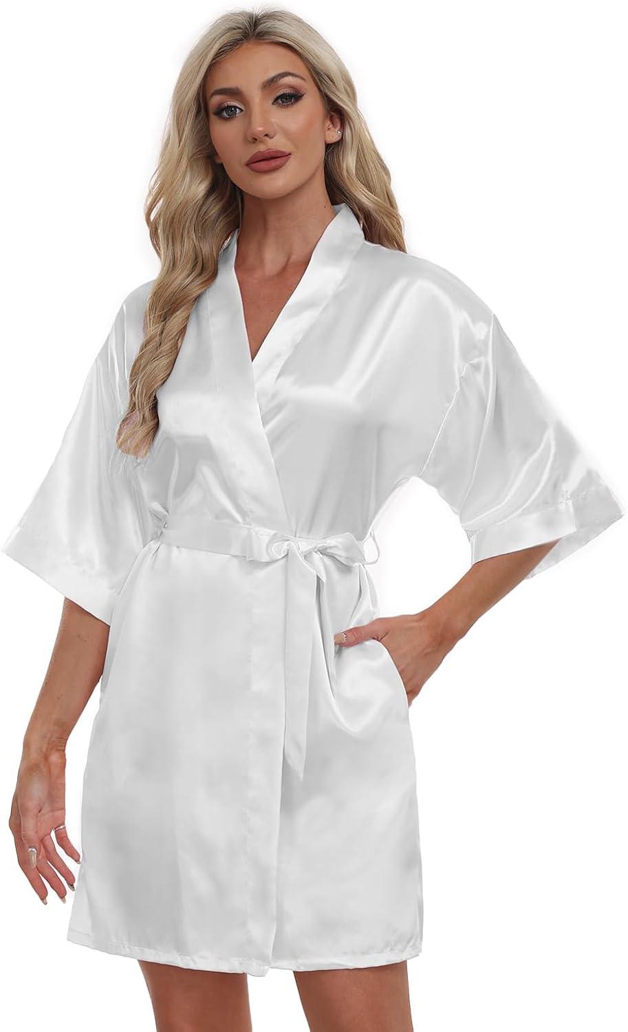 ZZwxWA Batas de Seda para Mujer con Cinturón Dama de Honor Fiesta de Boda Bata de Baño de Kimono Satinado Camisón de Media Manga Ropa de Dormir