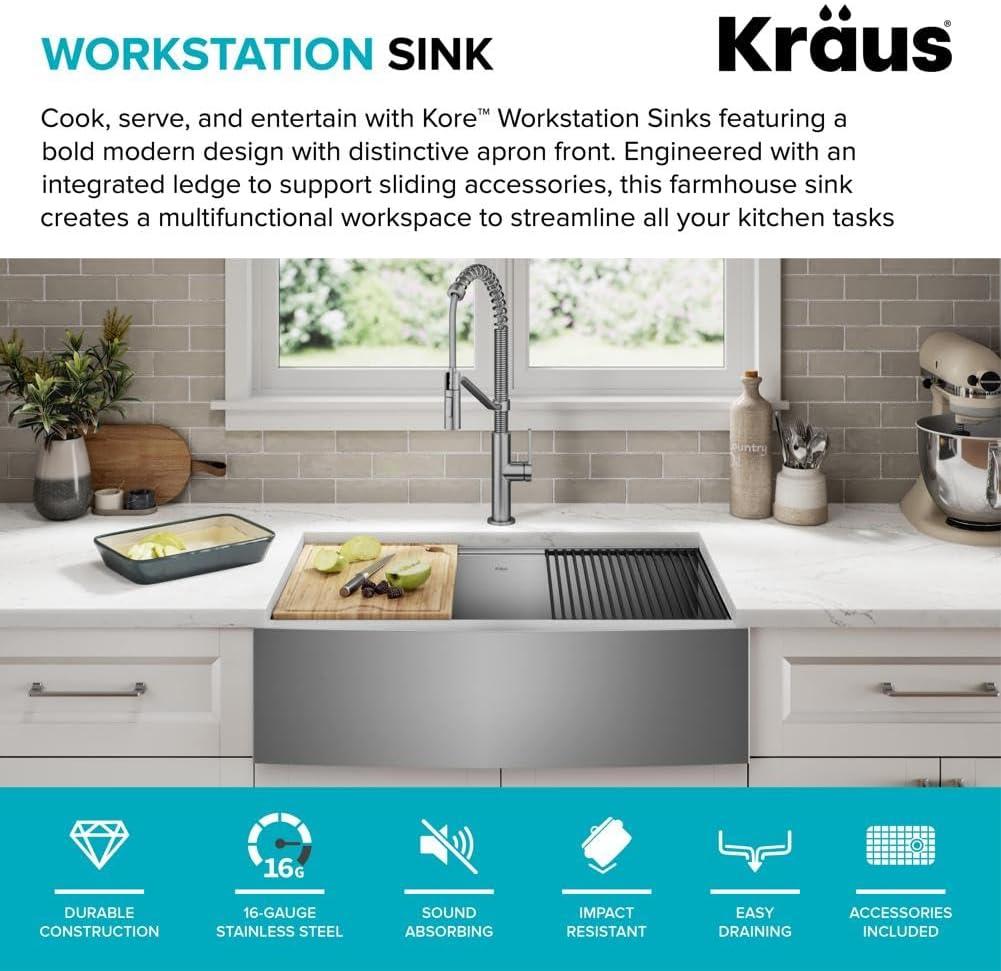 KRAUS Kore™ Workstation 33-inch 16 Gauge Stainless Steel Single Bowl Farmhouse Kitchen Sink with Accessories