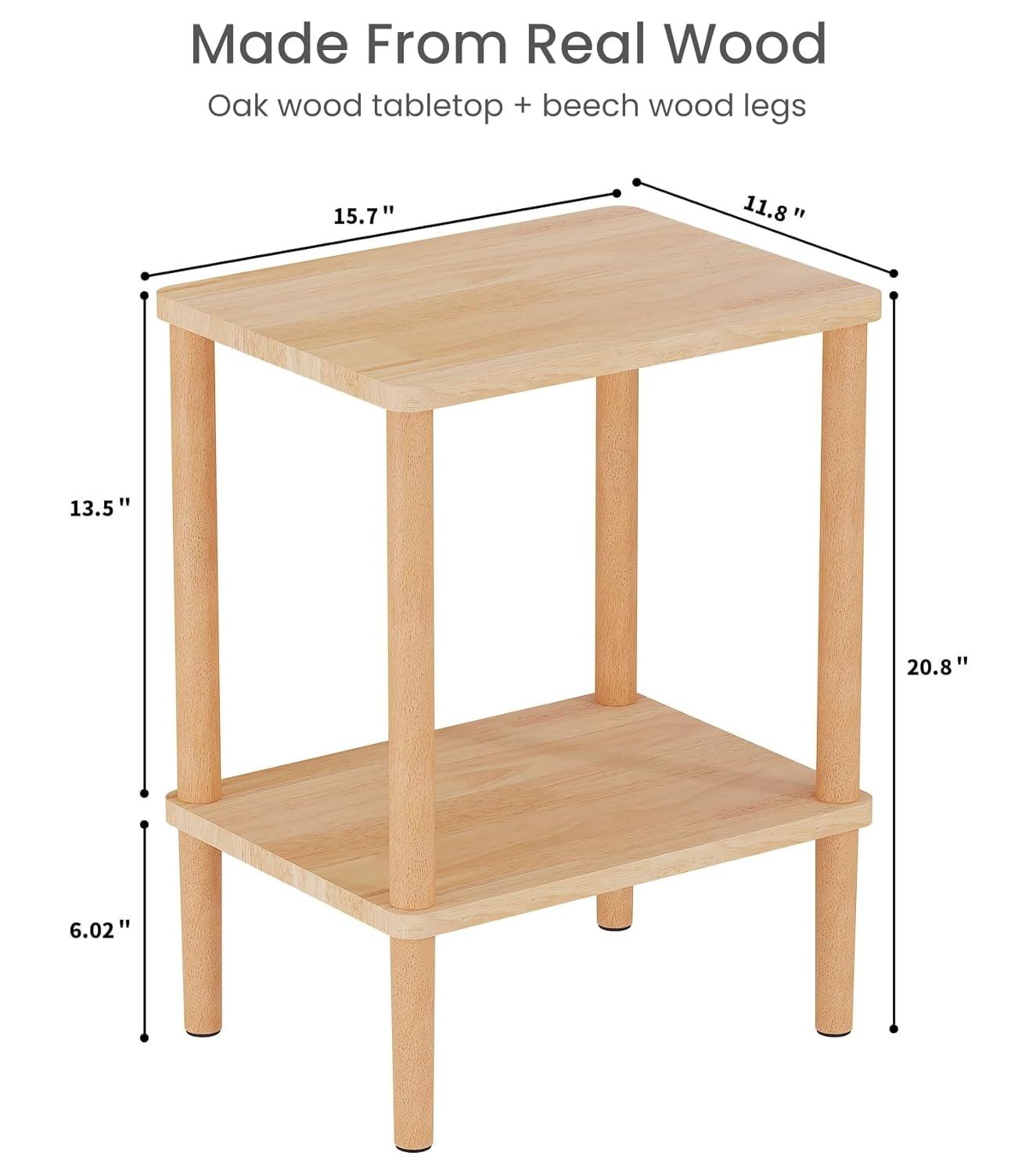 LUCKNOCK Solid Wood Side Table, 2-Tier Small End Table with Storage Shelf, Narrow Nightstand Bedside Table for Small Spaces, Bedroom, Living Room, Farmhouse, No-Tool Assembly.