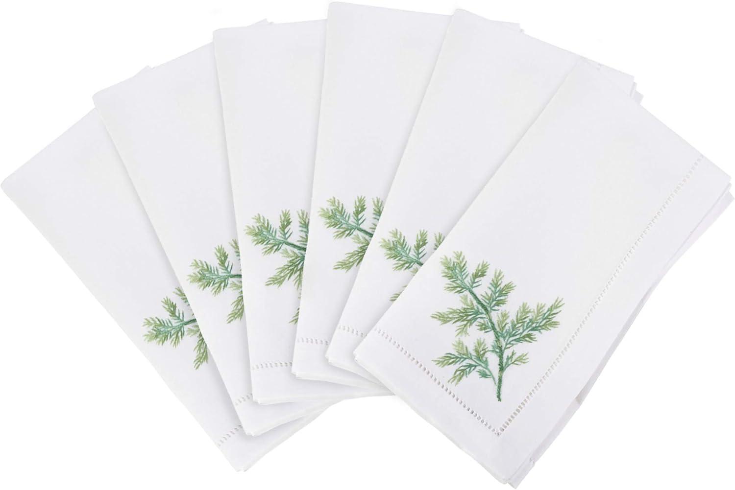 Embroidered Dill Design Hemstitched Cotton Napkins - Set of 6