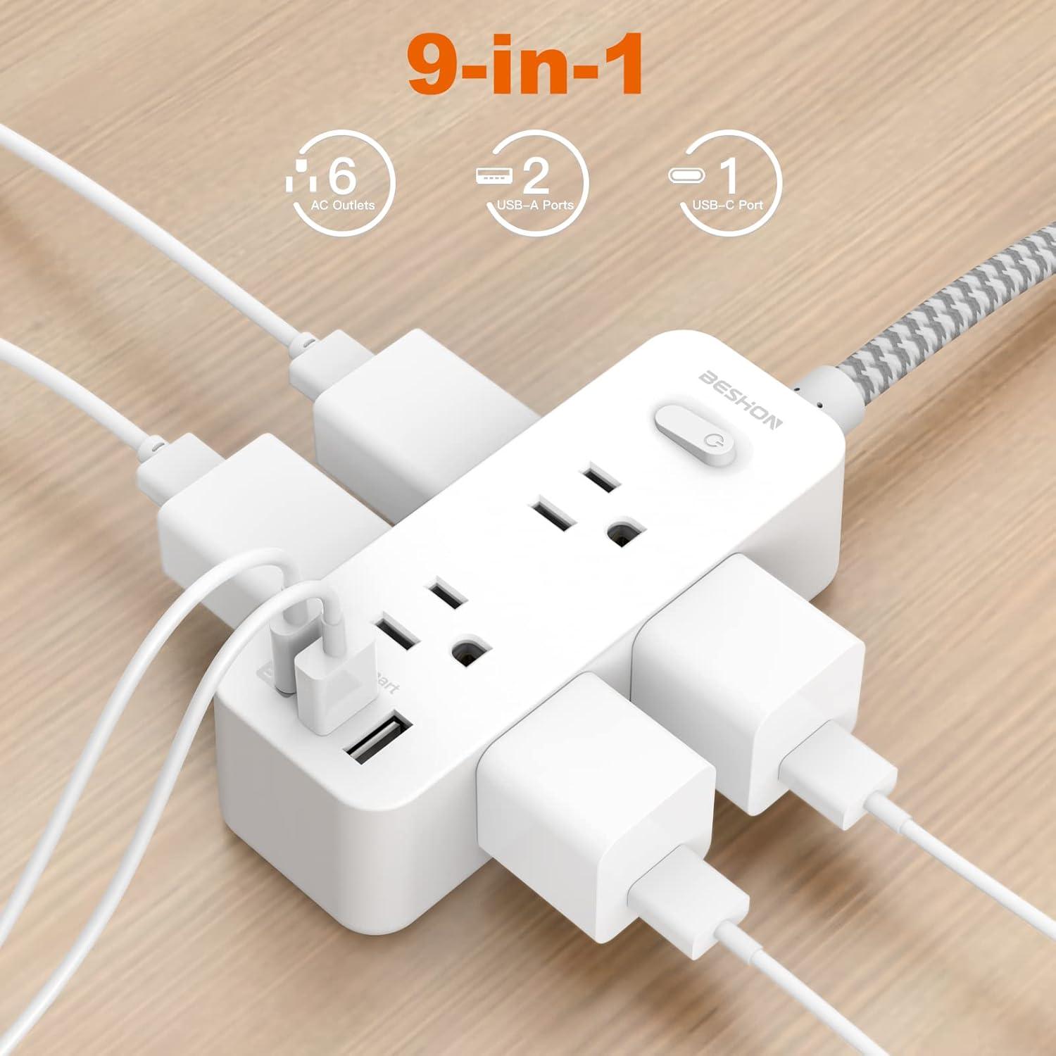 10 FT Extension Cord, Surge Protector Power Strip with 6 Widely AC Outlets 3 USB Ports(1 USB C),3-Side Outlet Extender, Flat Plug, Wall Mount for Home, Office,Travel and Dorm Essential