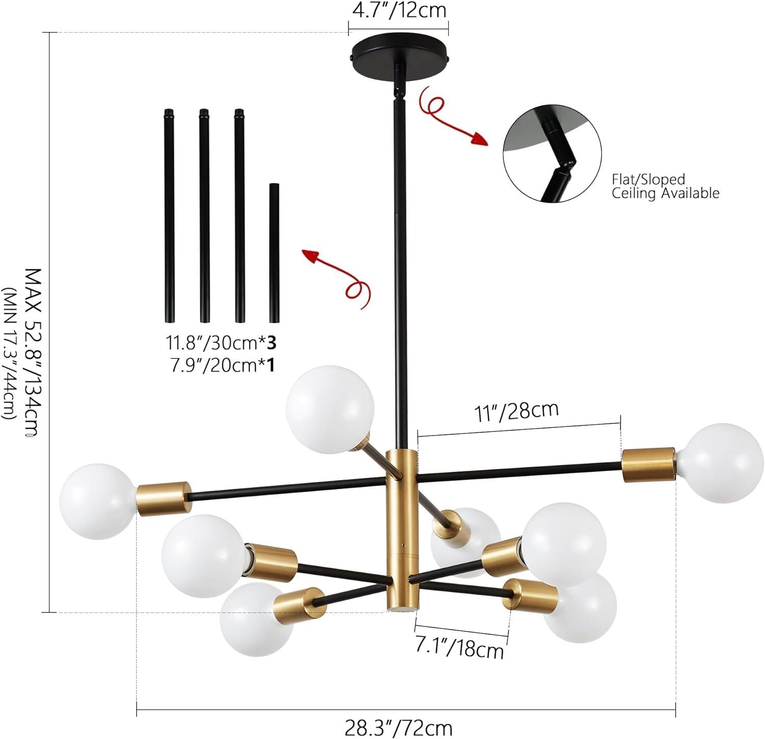 KAISITE Modern Sputnik Chandelier - 8-Light Ceiling Light Fixture Height Adjustable Mid Century Plating Finished Black and Gold Chandelier for Bedroom Living Room Dining Room Kitchen Foyer