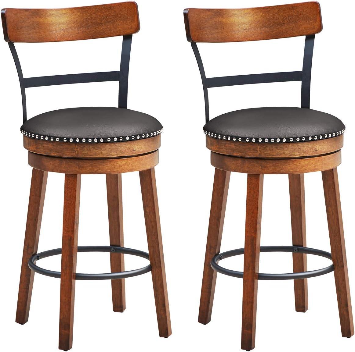 Set of 2 Brown Wood and Leather Swivel Counter Stools