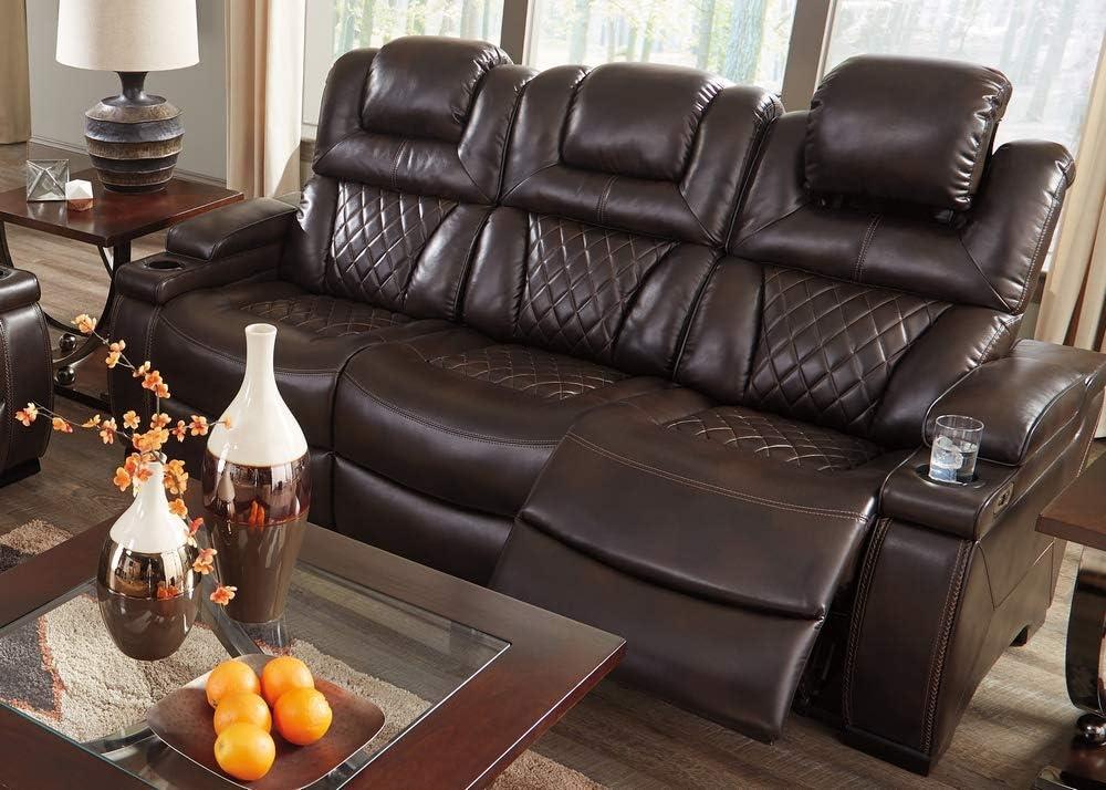 Brown Faux Leather Power Reclining Sofa with Storage and Cup Holders