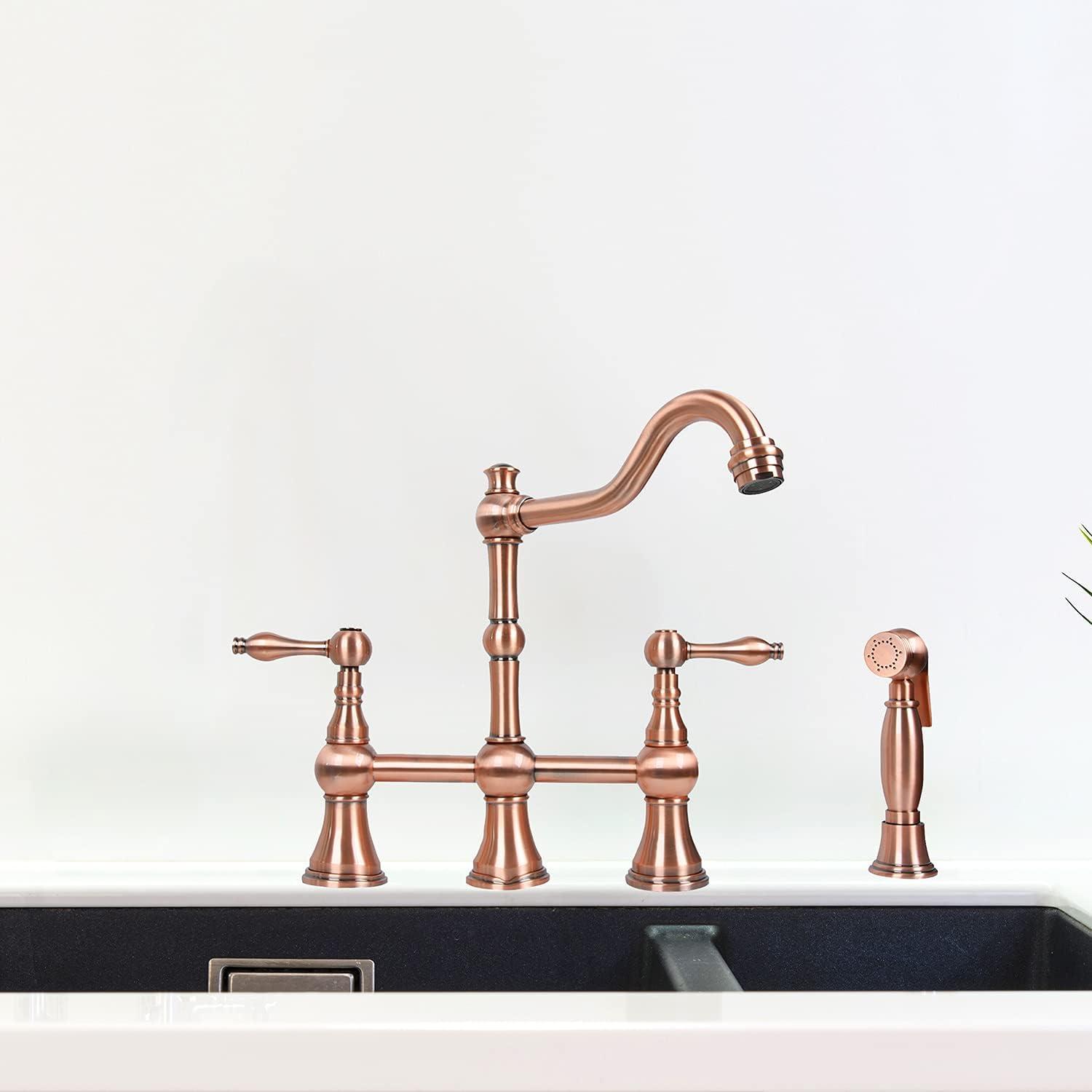 Double Handle Brushed Copper Bridge Kitchen Faucet with Sprayer