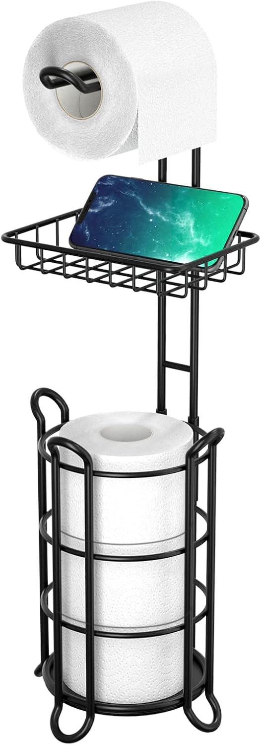 TreeLen Matte Black Bathroom Freestanding Toilet Paper Holder Tissue Roll Holder Stand with Shelf Storage Holds 4 Jumbo Rolls Phone and Wipes