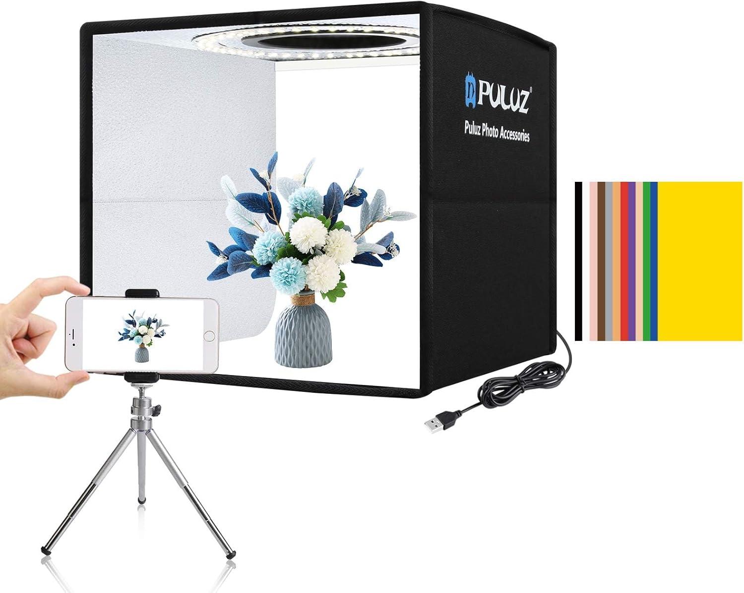 PULUZ Mini Photo Studio Light Box, Photo Shooting Tent kit, Portable Folding Photography Light Tent with CRI >95 96pcs LED Light & 6 Kinds Double-Sided Color Backgrounds for Small Size Products