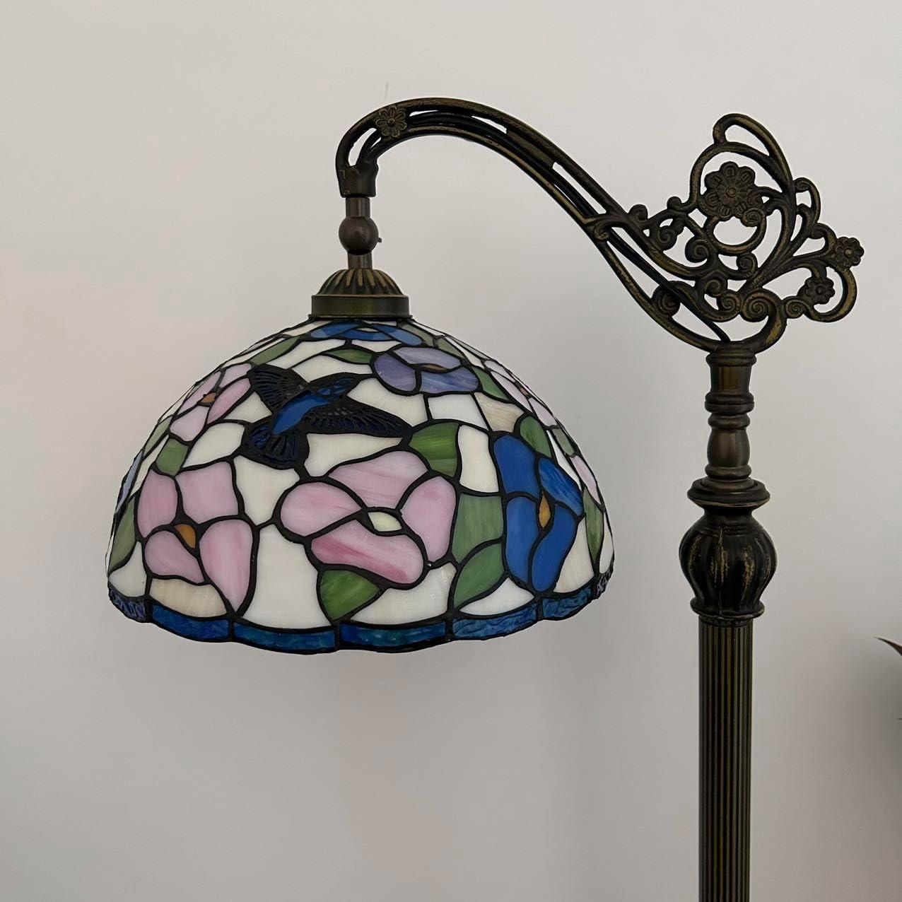 Tiffany Floor lamps Pink blue stained glass Hummingbird Flowers LED Bulb Included Gooseneck Adjustable Corner Standing Reading Light for Living Room Bedroom 20"W*12"D*63"H