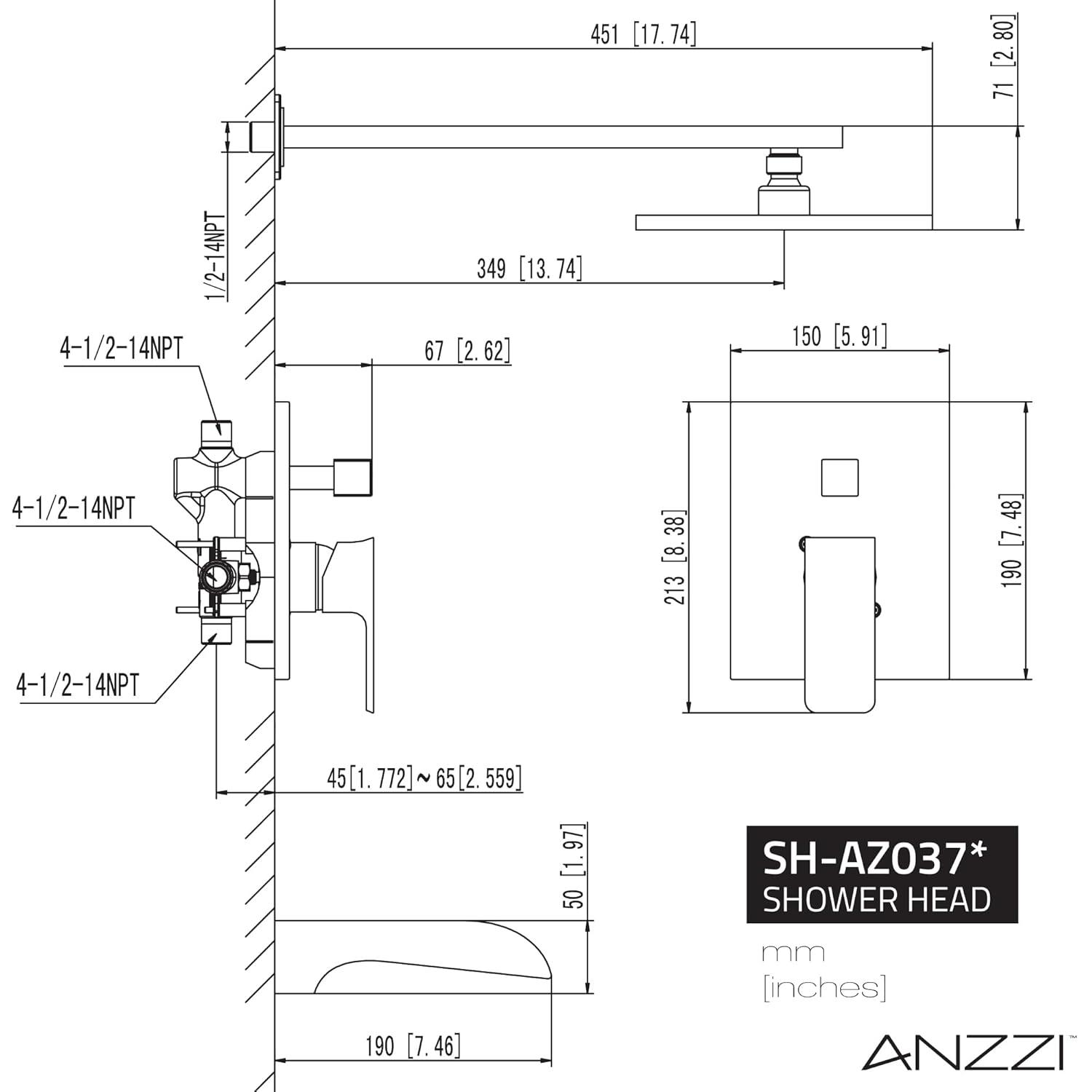 Matte Black Brass Square Wall Mounted Shower Faucet