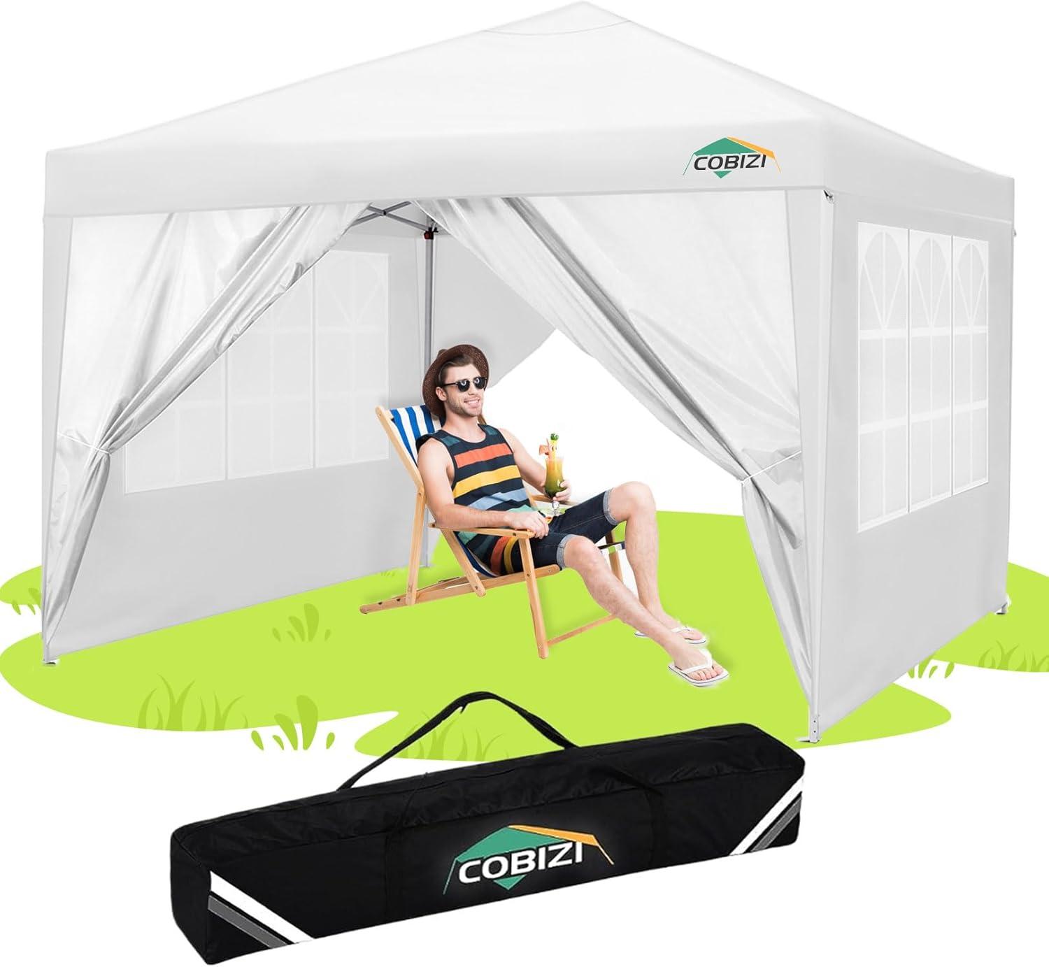 COBIZI 10x10ft Popup Canopy Waterproof Canopy with 4 Sidewalls Outdoor Commercial Instant Shelter Beach Camping Canopy Tent for Party,White