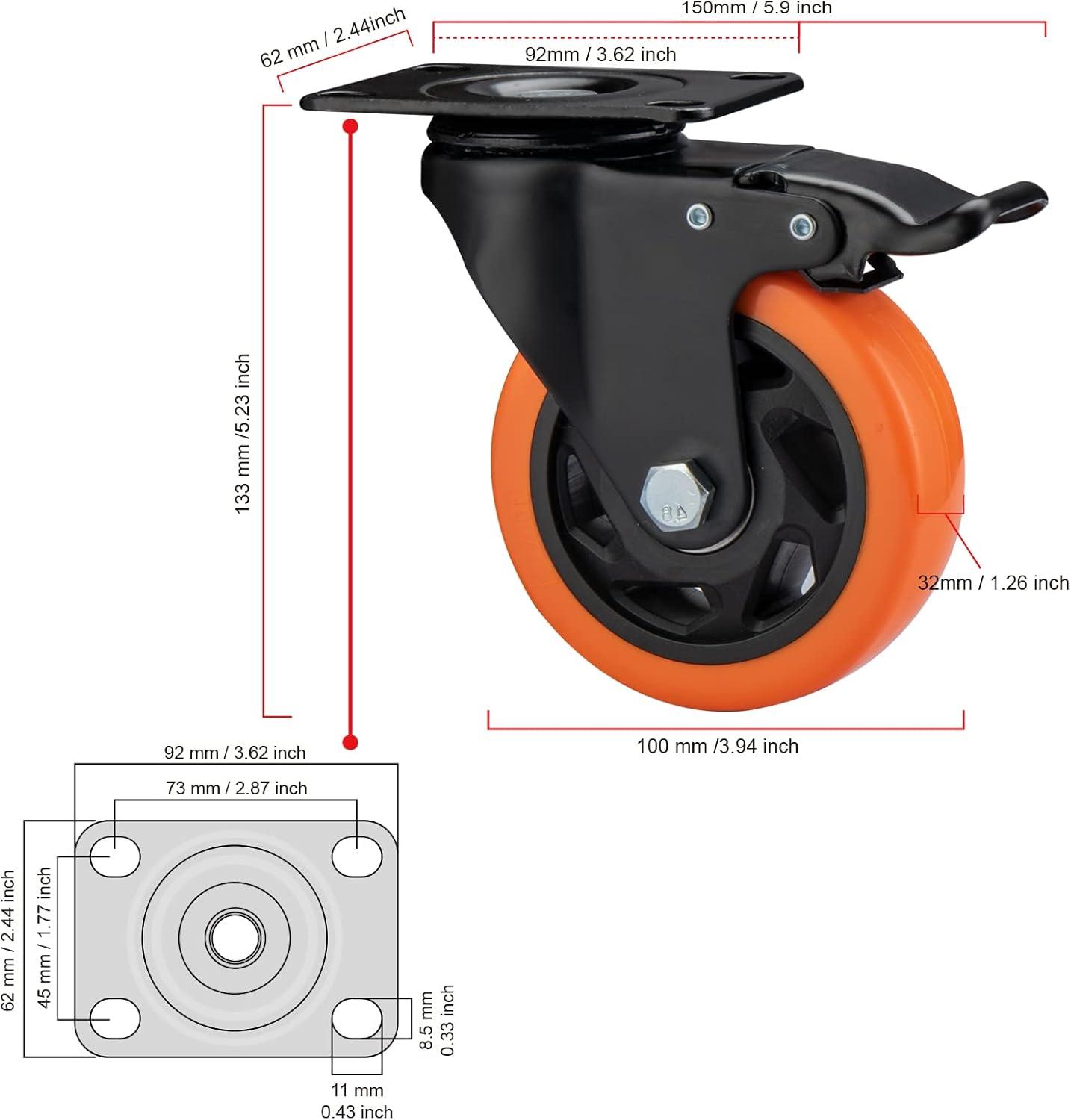 ASHGOOB Caster Wheels, 4 Inch Casters Set of 4 Heavy Duty - Orange Polyurethane Castors, Top Plate Swivel Wheels, 4-Pack Industrial Casters with Brake, Locking Casters for Furniture and Workbench